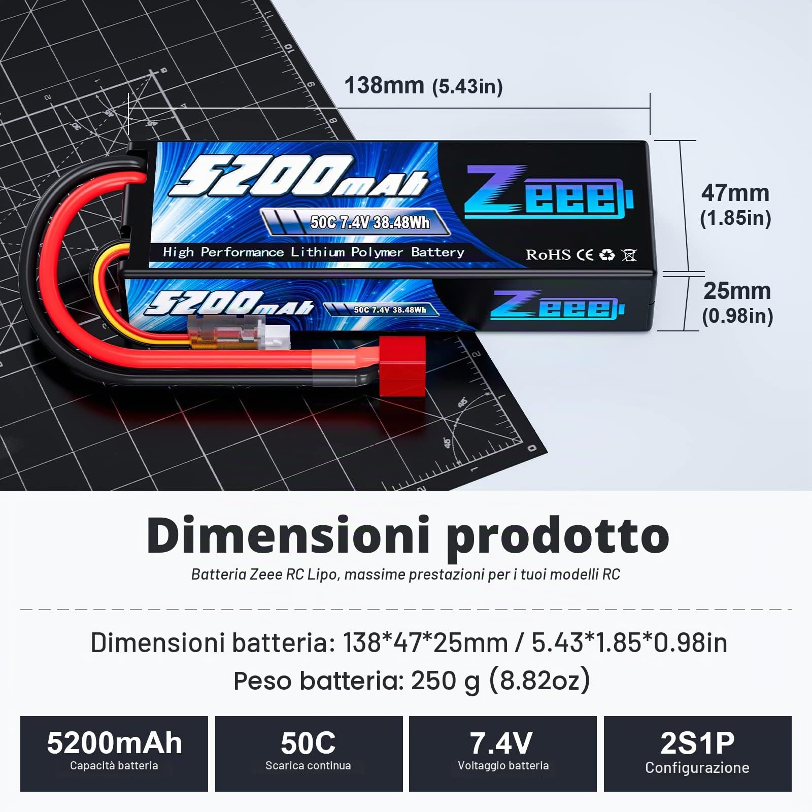 Zeee 2S Lipo Batteria 7,4V 50C 5200mAh RC Batteria Hardcase con Connectore Deans T Spina per RC Evader BX RC Veicolo Auto LKW Truggy RC Nave RC Modells RC Hobby (2 pezzi)