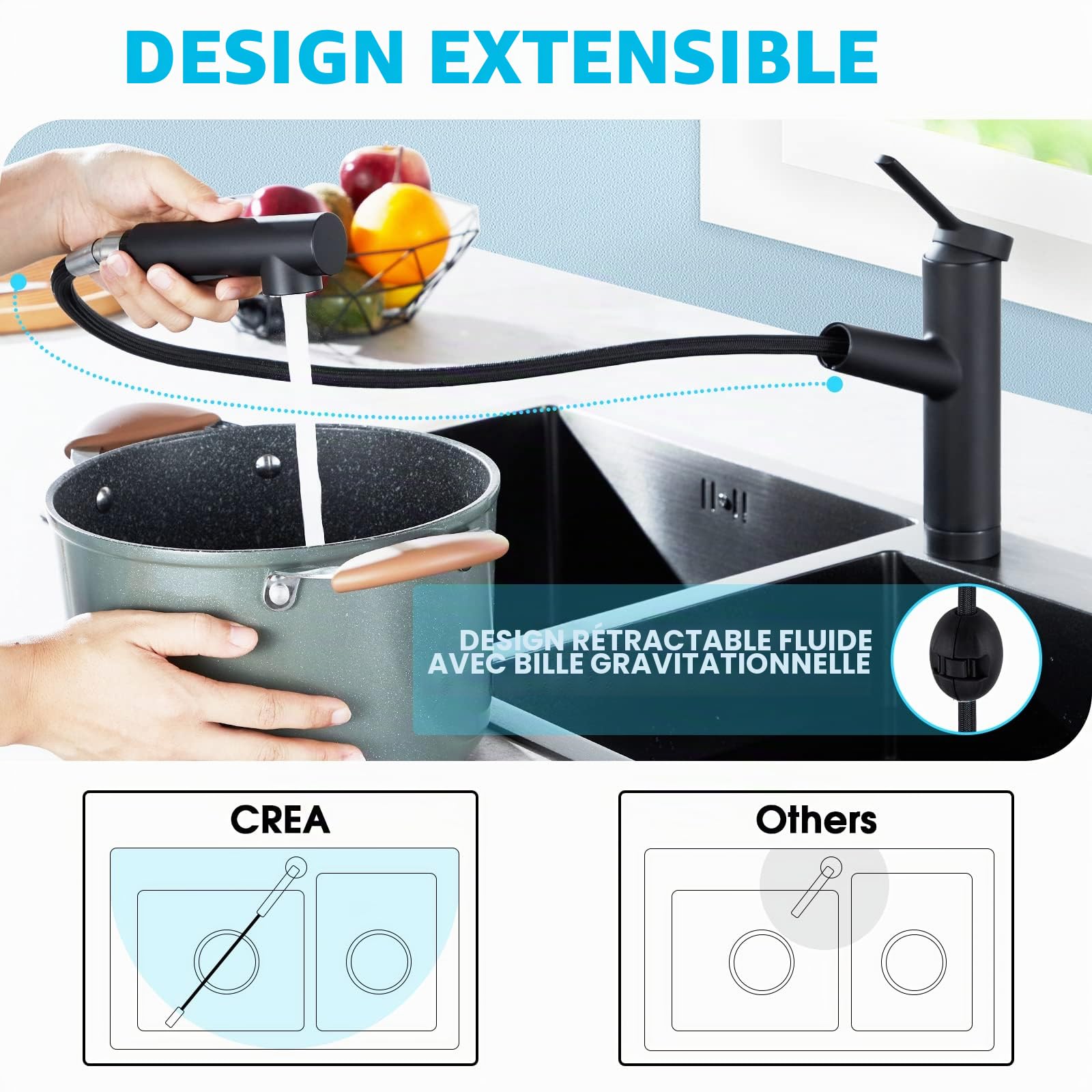 CREA Robinets de bar de cuisine, robinet d'évier de cuisine noir, pulvérisateur extractible utilitaire, petite barre humide, trou de poignée unique, évier commercial moderne pour camping-car, robinet