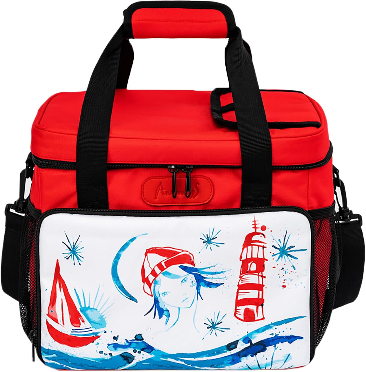 Anemoss Lighthouse Girl Insulated Bag, Waterproof and Leakproof Insulated Lunch Box for Men and Women, Picnic Cooler Bags, for Hiking - Beach, 18.5 L, Red
