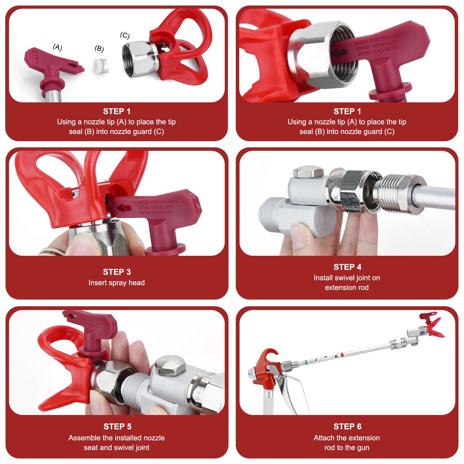 16pcs Airless Kit pistola di verniciatura con pistola di vernice Airless 3600 PSI,1 protezione dell'ugello,5 testine di spruzzo,2 aste di estensione,1 guarnizione rotante, 5 filtri e 1 scatola di
