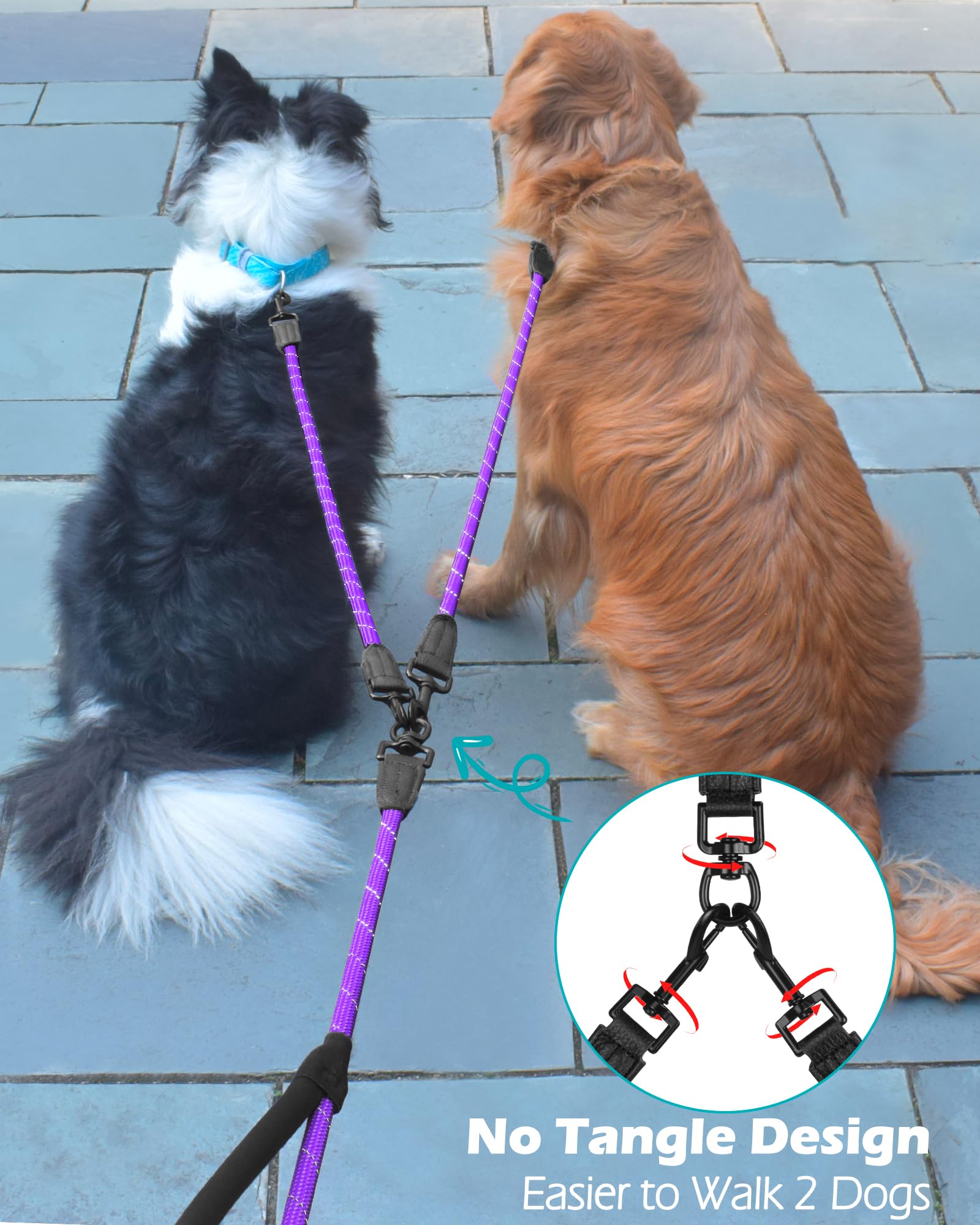 PetBonus Rope Double Dog Lead, No Tangle Dual Lead, Reflective Walking Training Leash with Two Comfortable Padded Handles - Image 3