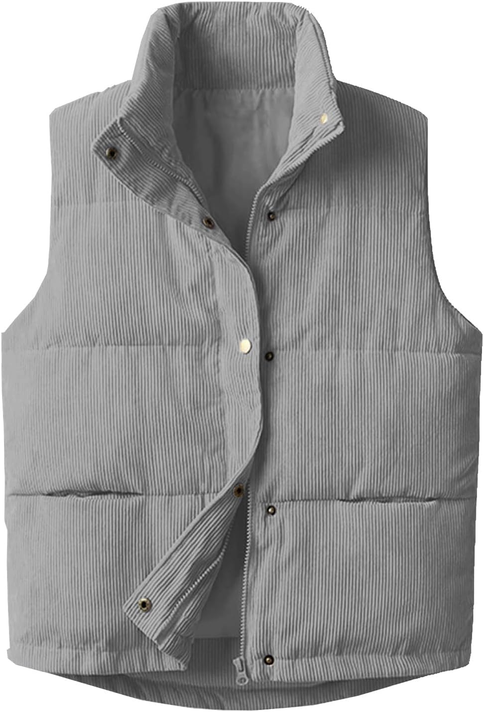 Womens Corduroy Puffer Vest Stand Collar Zip Snap Button Sleeveless Warm Waistcoat Padded Gilet