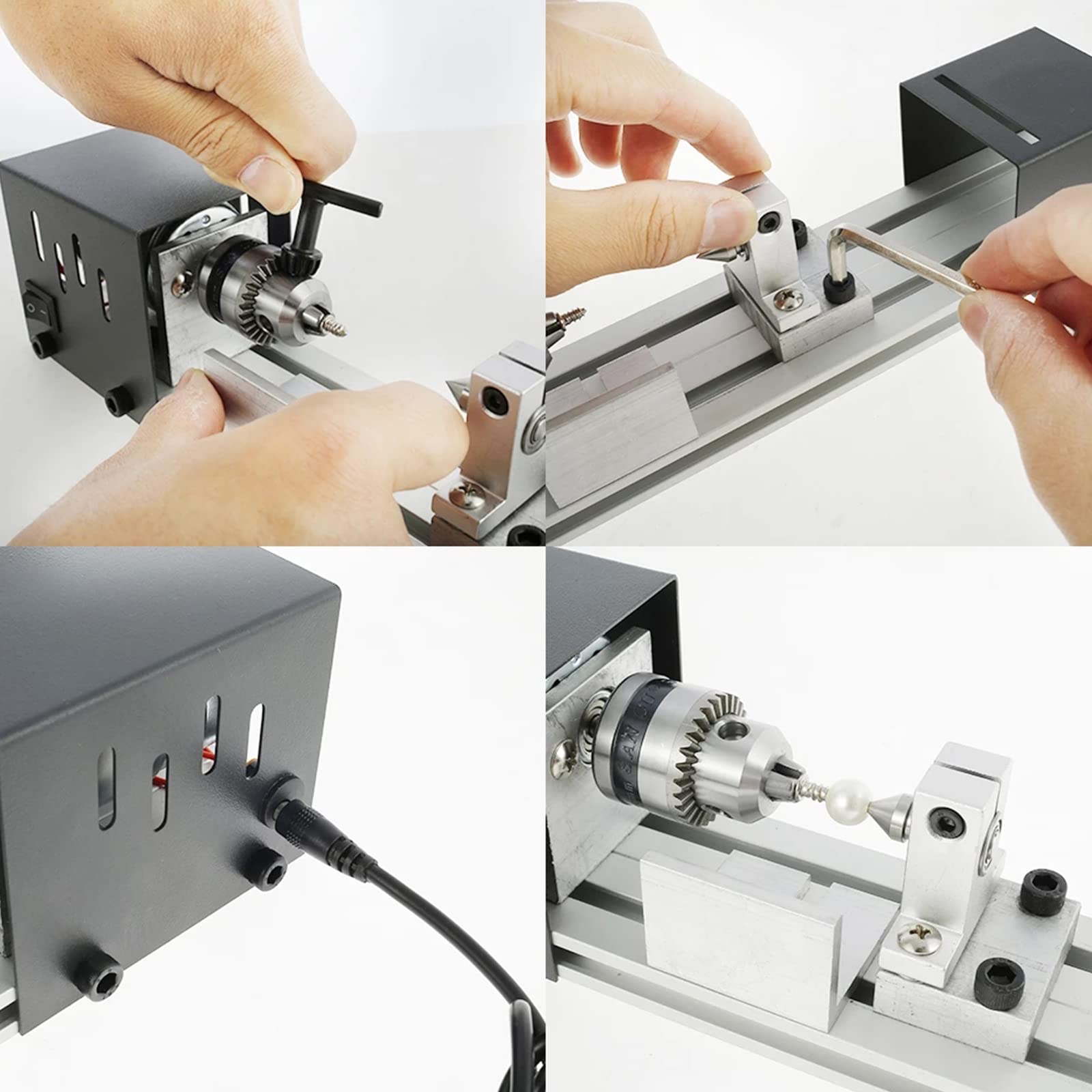 Mini Torno para Madera, Mini Torno de 100 W, Juego estándar for Bricolaje, carpintería, Pulido, taladrado y fresado.