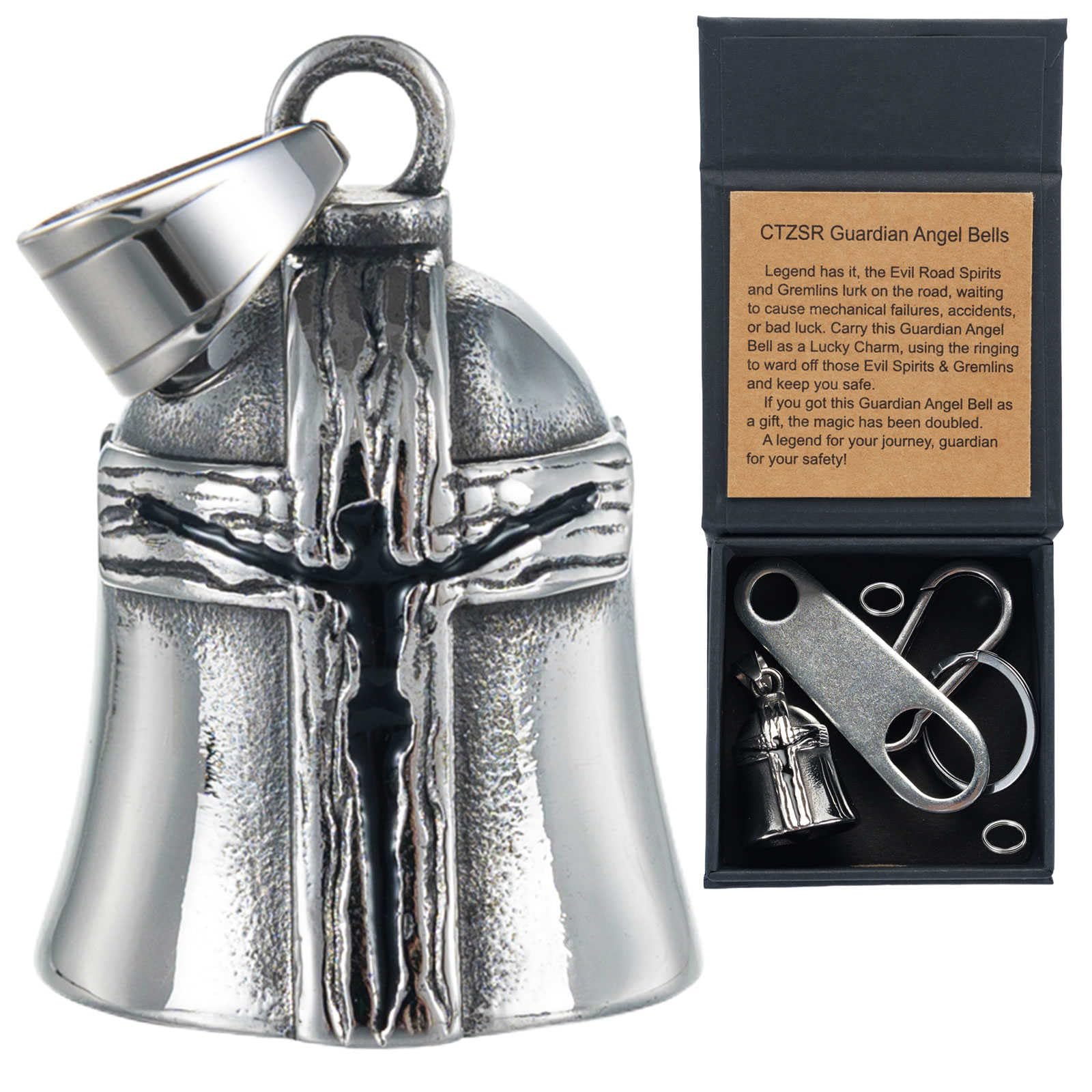 Motorcycle Bell Guardian Angel - Good Luck Charm Gift For Rider Men Kids Friends With Gift Box, Legend Card, Keychain And Hanger &amp; Weather-resistant Gremlin Bells For Bike Car (C-Black)