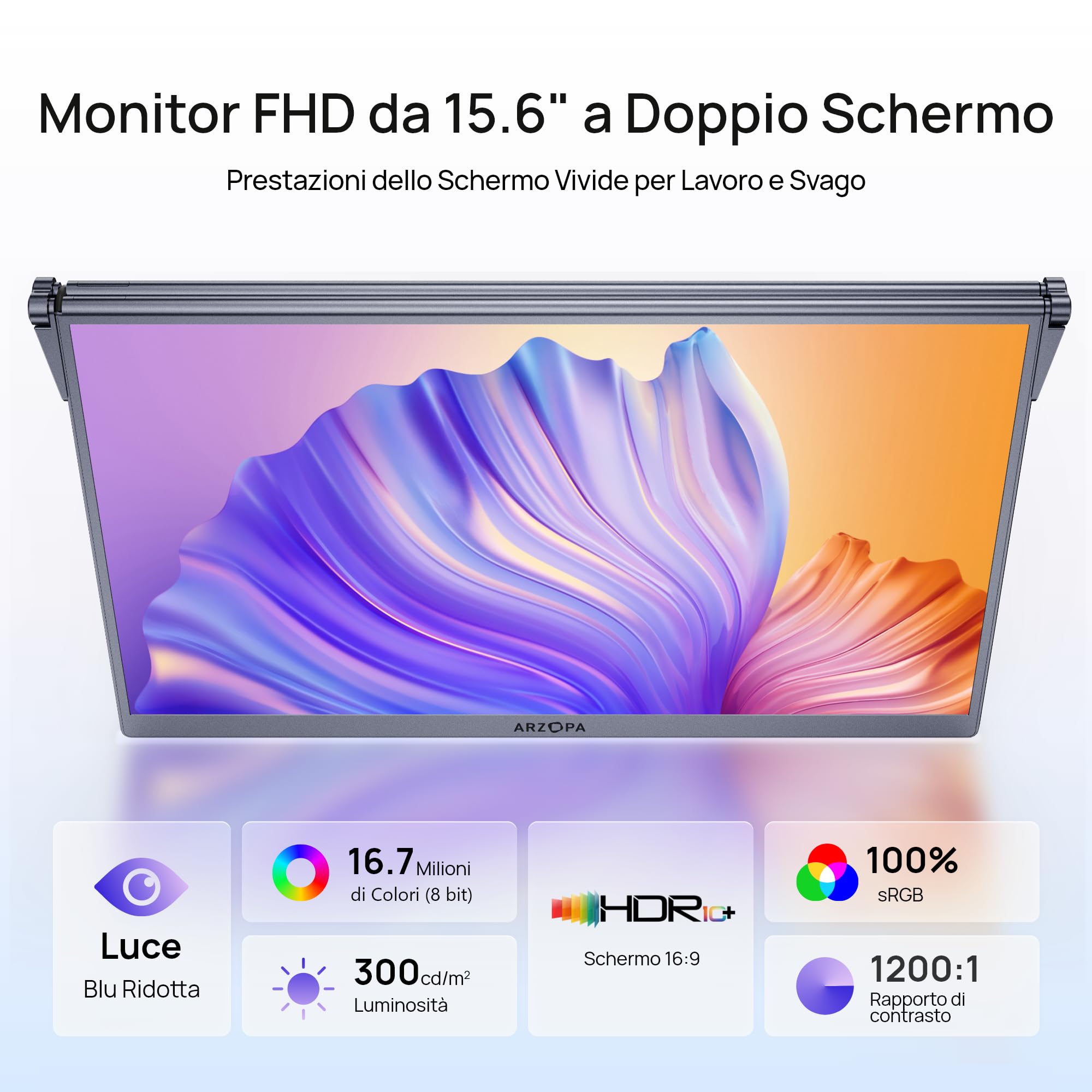 ARZOPA Monitor Portatile Doppio Schermo 15,6'' - FHD 1080P IPS 100% sRGB con Luce Blu Ridotta, Supporto Regolabile 315°, Plug & Play, Laptop Screen Extender per Mac/Phone/Switch/PS5/Xbox - E1