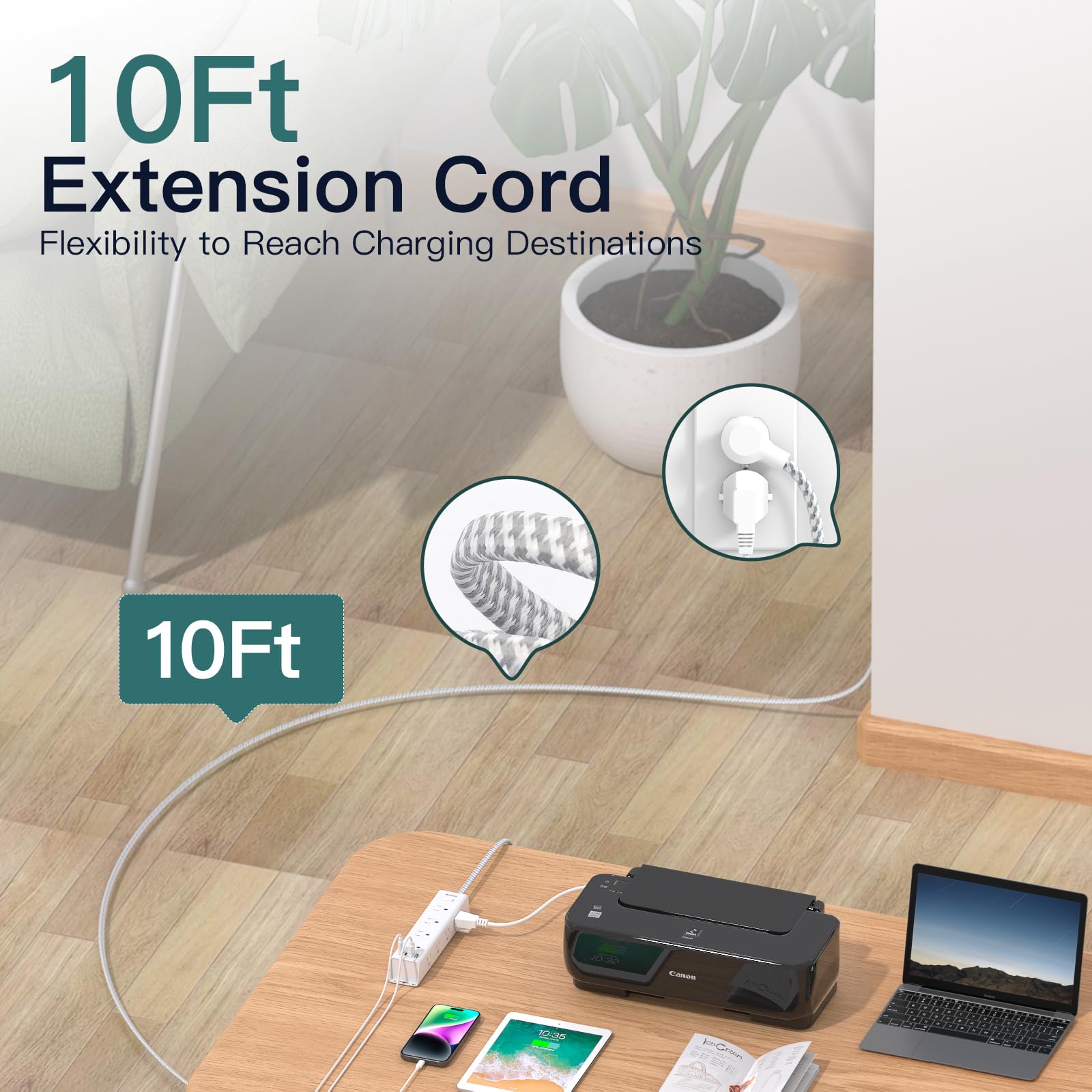 Tira de alimentación con protector de sobretensión, cable de extensión de 10 pies, regleta de alimentación con 12 salidas de CA ampliamente 3 USB, enchufe plano, protección contra sobrecarga de
