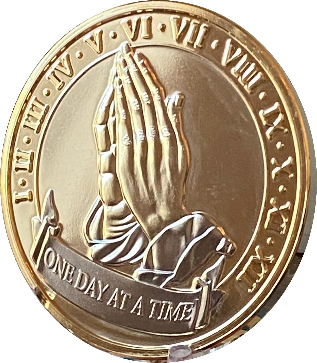 Praying Hands One Day At A Time Large 1.5" Gold Plated Bi-Plate Sobriety 12 Step Chip image 3