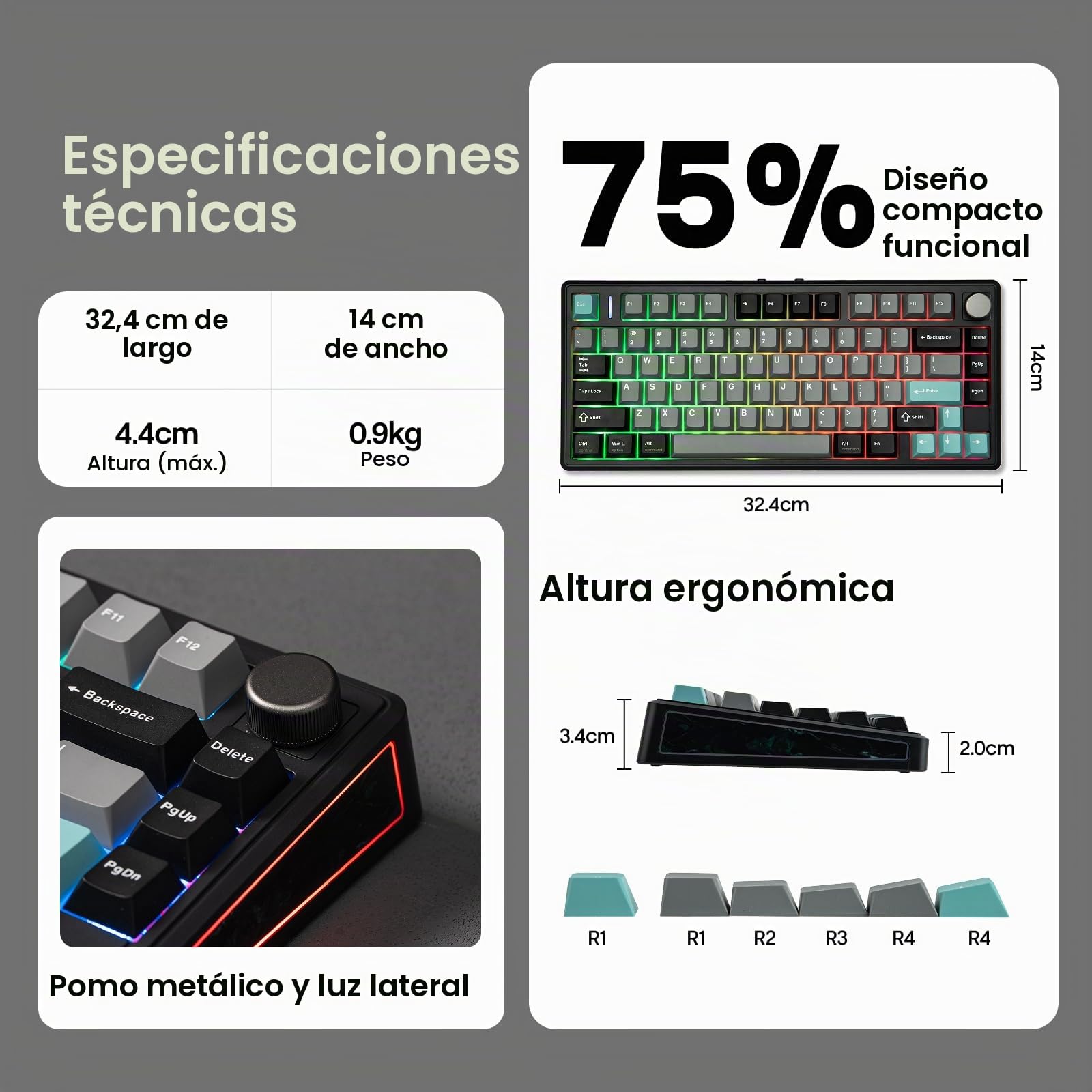 EPOMAKER TH80 V2 75% Teclado Gaming Mecánico Inalámbrico, 8000mAh&2.4G/BT, Hot-Swap, Tecla PBT, Modificador de Mac, RGB&Luz Lateral, Tecla Programable&Perilla, para Mac/PC (Negro, Creamy Jade)