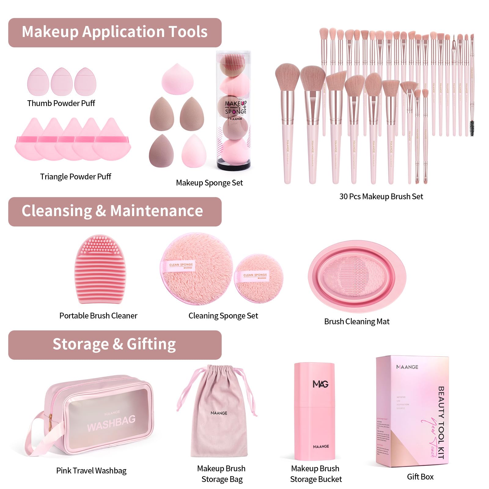 MAANGE Lot de 51 pinceaux de maquillage professionnels pour fond de teint, poudre, anti-cernes, fard à paupières, blush, pinceau de voyage (rose)