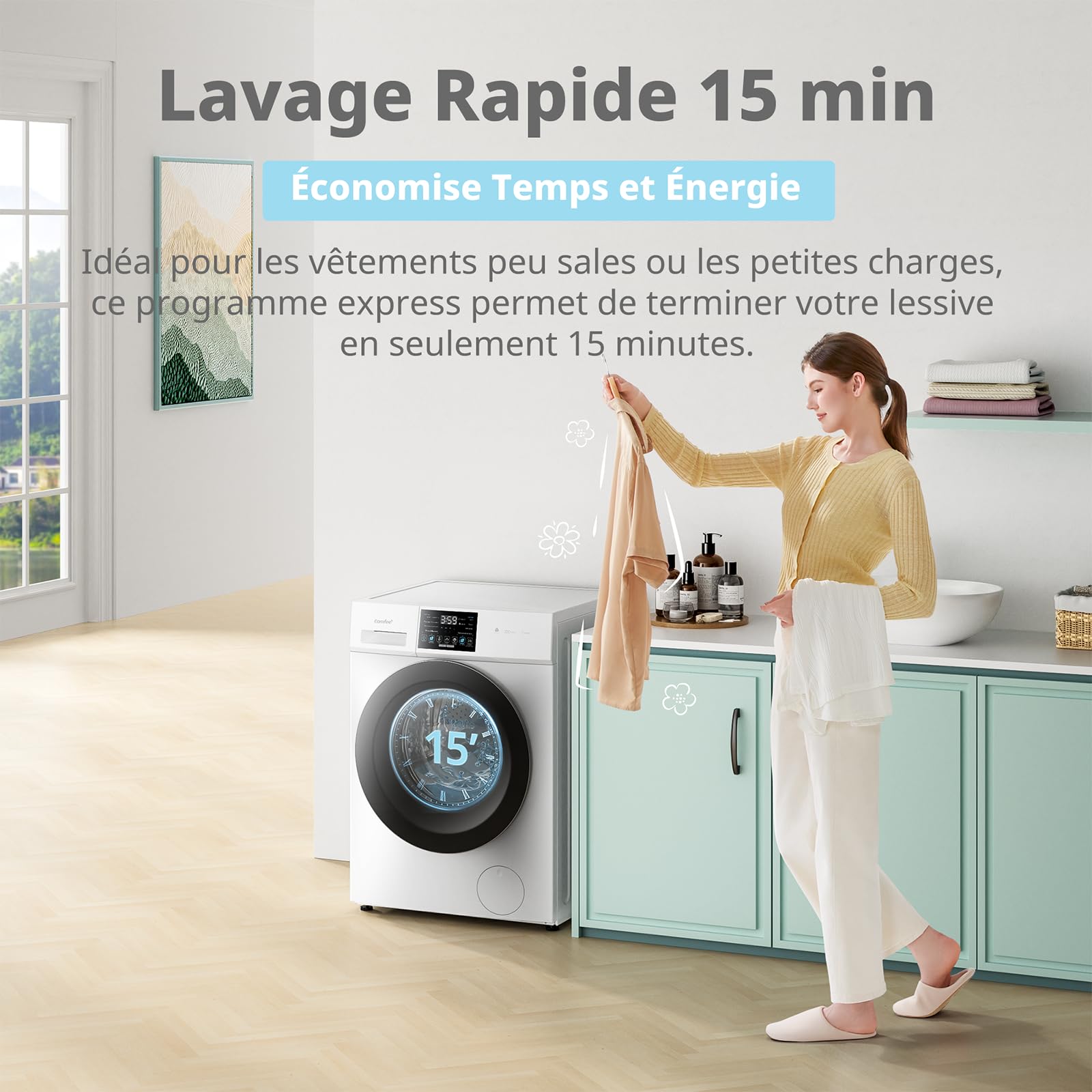 COMFEE' CFP03EW100W-FR Lave-linge autonome, Capacité 10KG, Classe A -10%, 12 programmes, Soin Vapeur, Moteur BLDC, Woolmark, Panneau Tactile, Blanc [Classe Énergétique A] [Energy Class A]