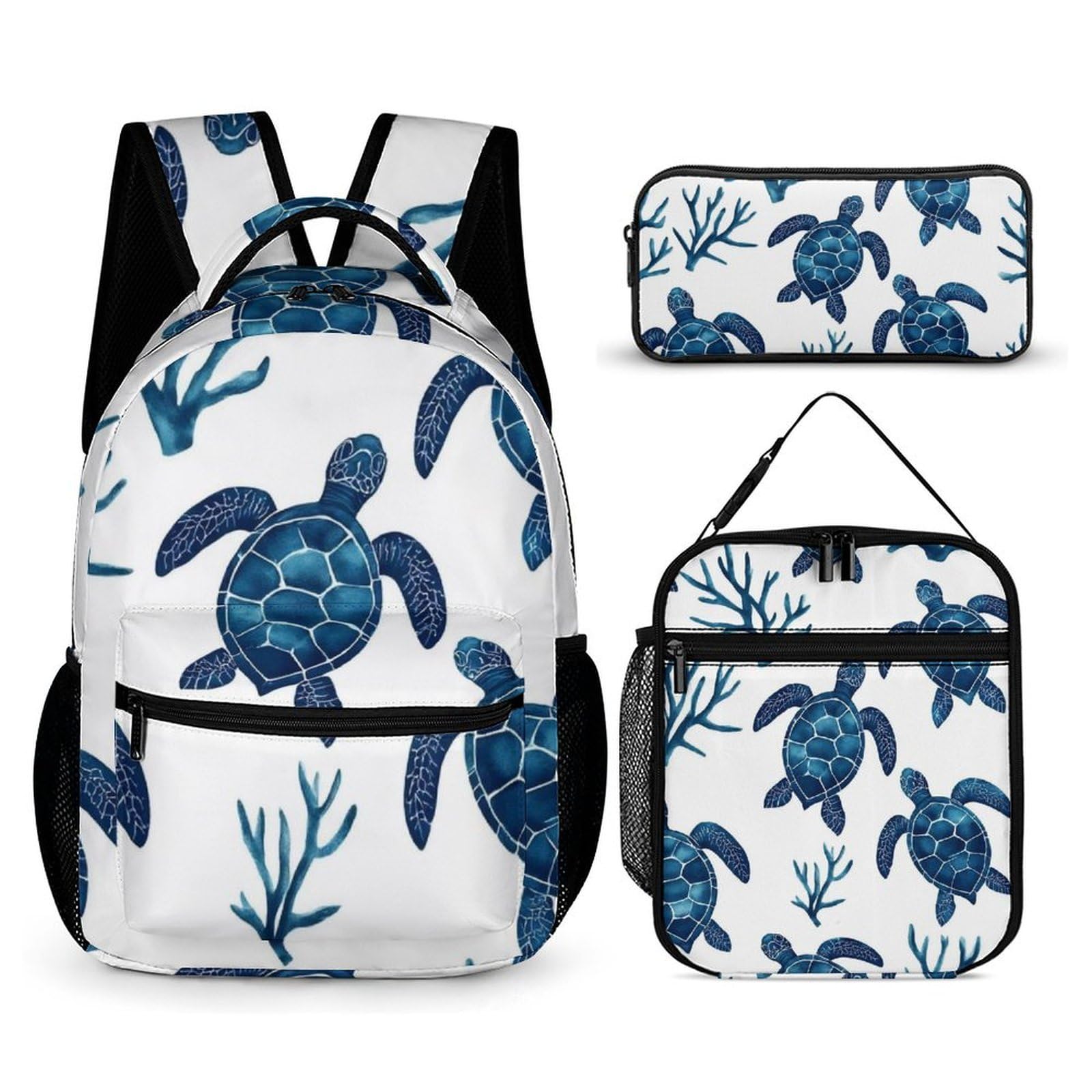 Sac à dos léger avec boîte à lunch, sac de rangement, ensemble tortues marines et maquillage