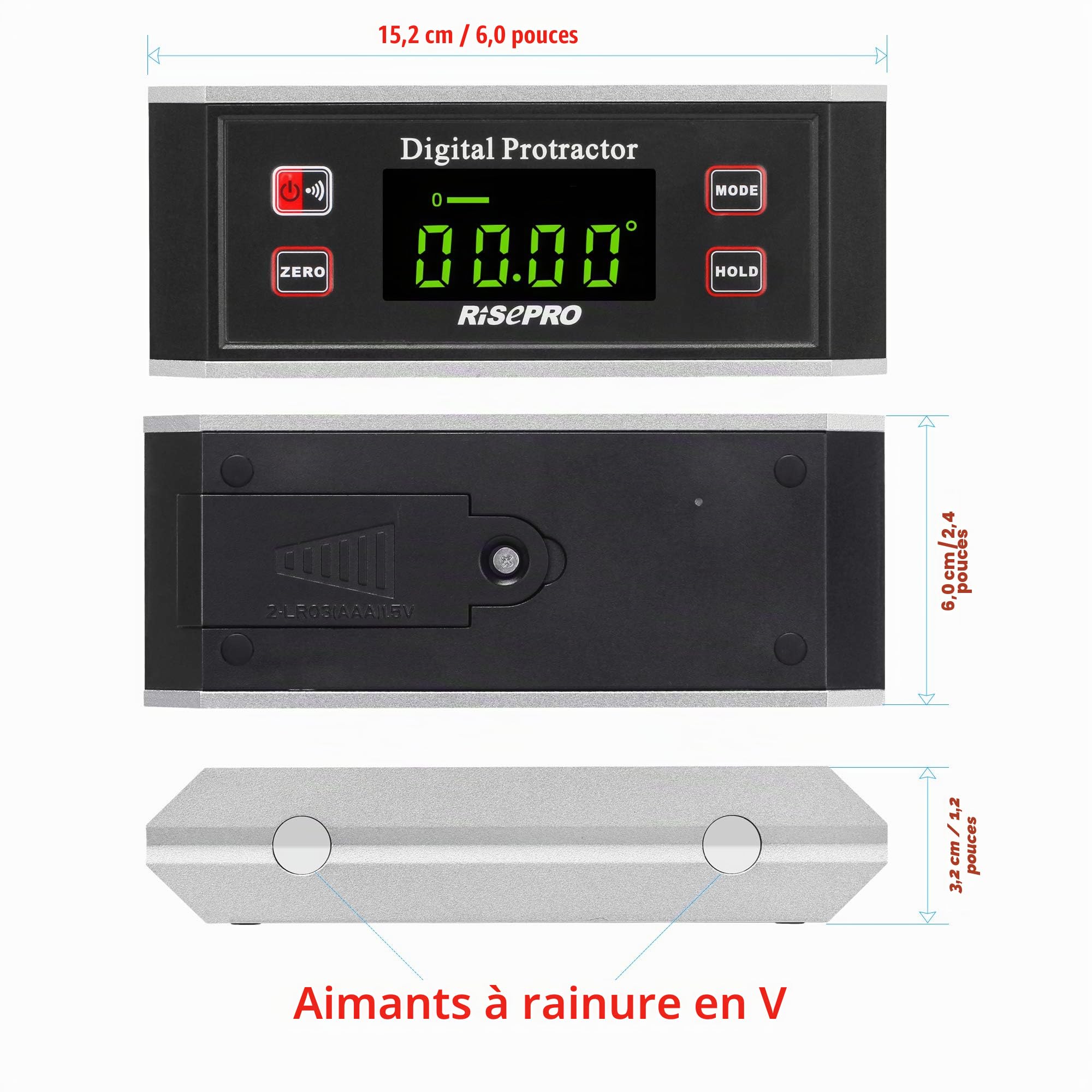 inclinomètre, Risepro® Digital Rapporteur Angle Finder Niveau inclinomètre magnétique rainure en V 0~360 degrés avec rétroéclairage 82413b