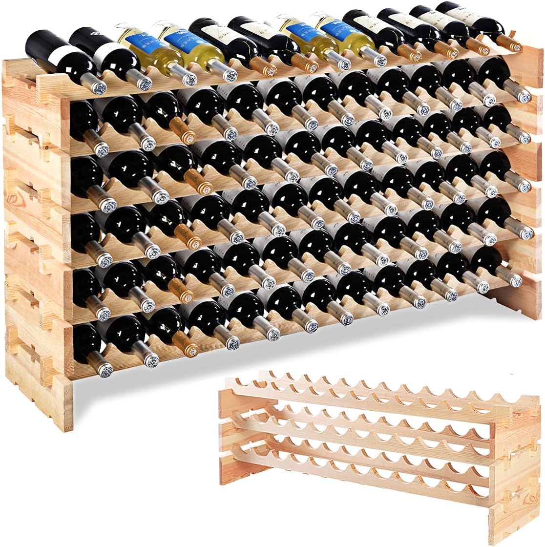 RELAX4LIFE Botellero Vino de Madera de Pino para 72 Botellas con 6 Niveles, Vinoteca con Diseño Inclinado para Cocina, Salón, Bodega y Bar, Garrafeira, Carga 18kg por Nivel 119x29x71,5cm, Natural