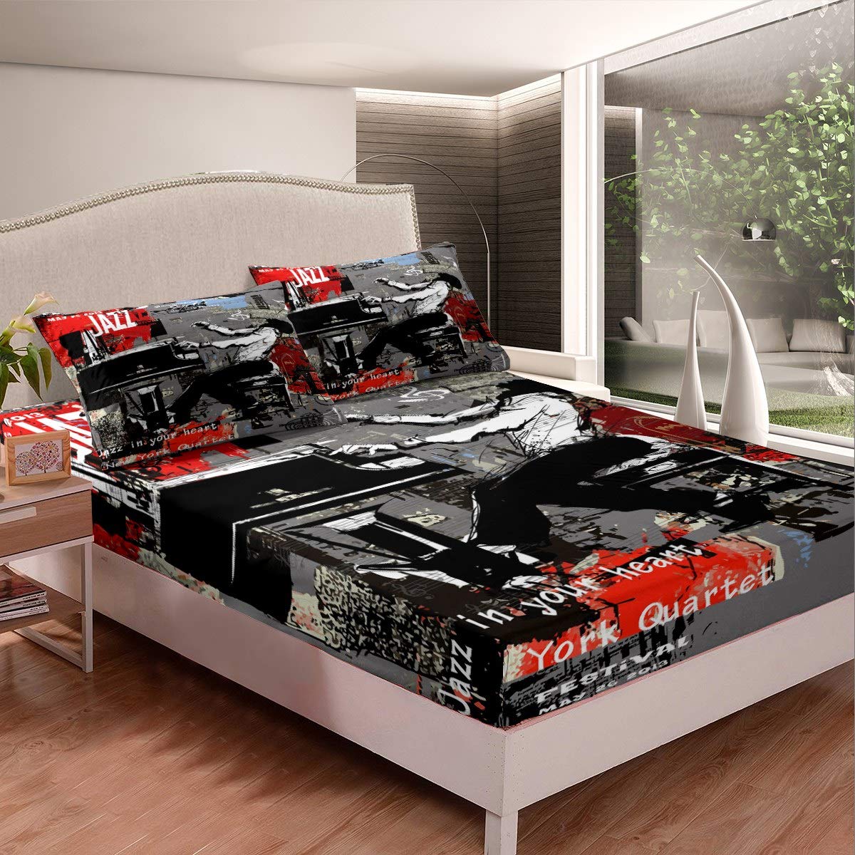 Musical Notes Bed Sheet Set Jazz Music Poster Bed Sheets for Kids Boys Girls Hip Hop Graffiti Bedding Set Rock Music Trendy Decor Fitted Sheet Bedroom Collection 3Pcs Double Size