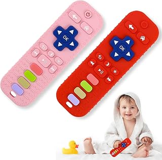 2Pack Teething Toys for Babies，Remote control silicone baby teething toys for 6-12 months toddlers ，baby teething toys for boys and girls baby teething relief toys (Red+Pink)