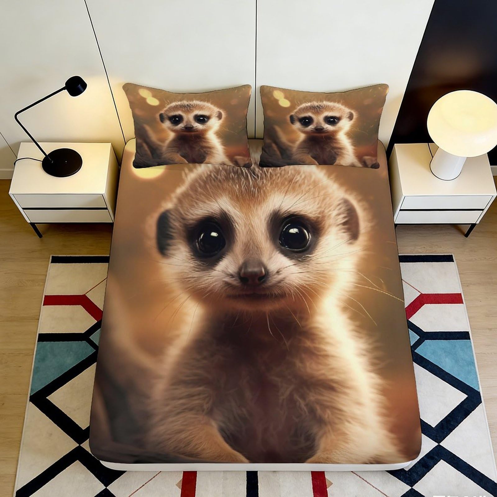 3D Printed Cute Meerkat Fitted Sheet Microfiber Anti-Slip Animal Pattern Mattress Cover for Bedroom Dorm Room Decor 160x200x25cm
