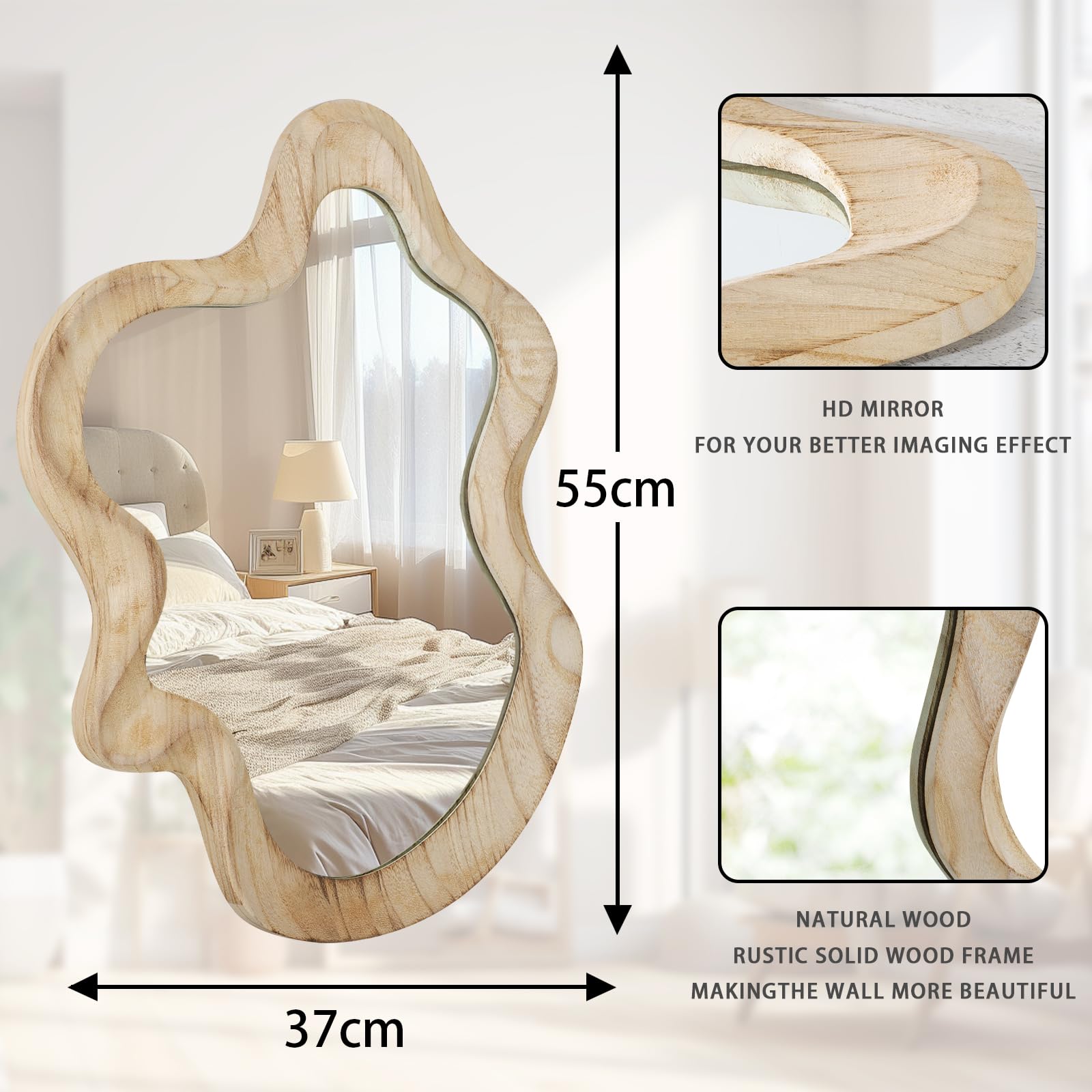 Grand Miroir Mural asymétrique Cadre en Bois irrégulier Moderne Unique Mural Art Miroir ondulé décoration Salle de Bain vanité Chambre Salon Hall d'entrée 55x37cm Naturel