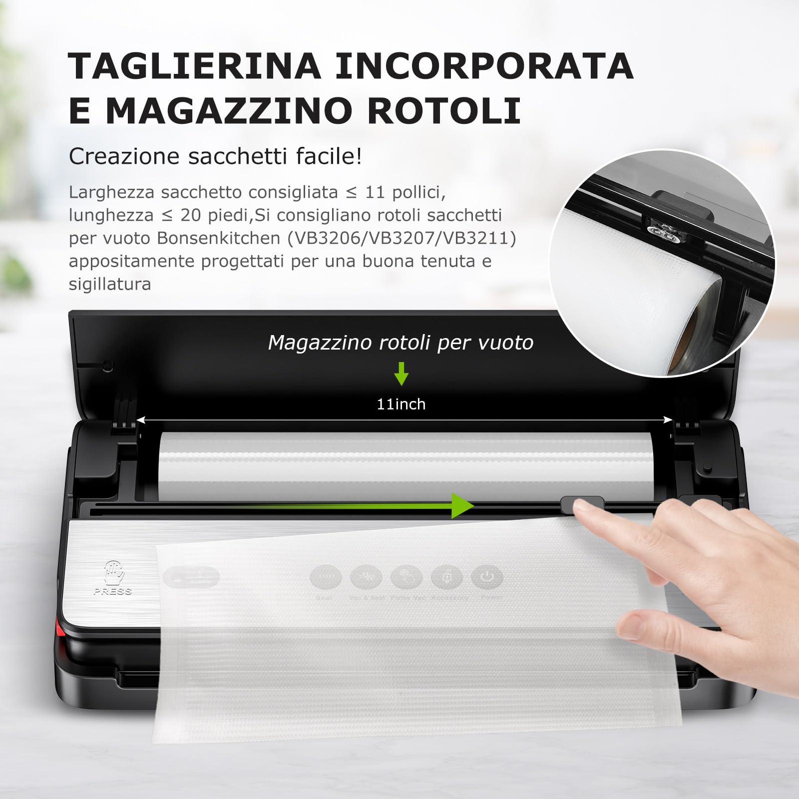 Bonsenkitchen Macchina Sottovuoto per Alimenti, Tagliapasta Incorporato e Rotoli per Sacchetti Sottovuoto e Starter Kit, Dispositivo di Aspirazione Esterno, con 50 sacchetti sottovuoto