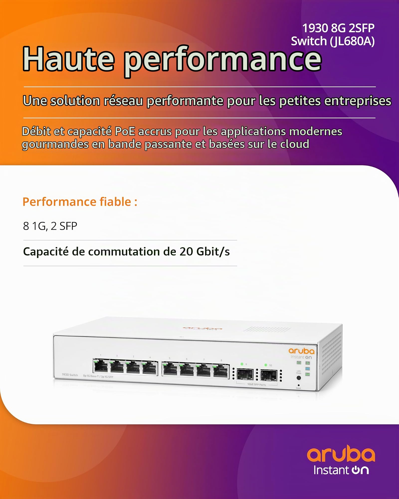 Aruba Instant On 1930 Gestito L2+ Gigabit Ethernet [10/100/1000] 1U Bianco (HPE ARUBA SWITCH INSTANT ON 1930 8G,8 PORTS 2SFP)