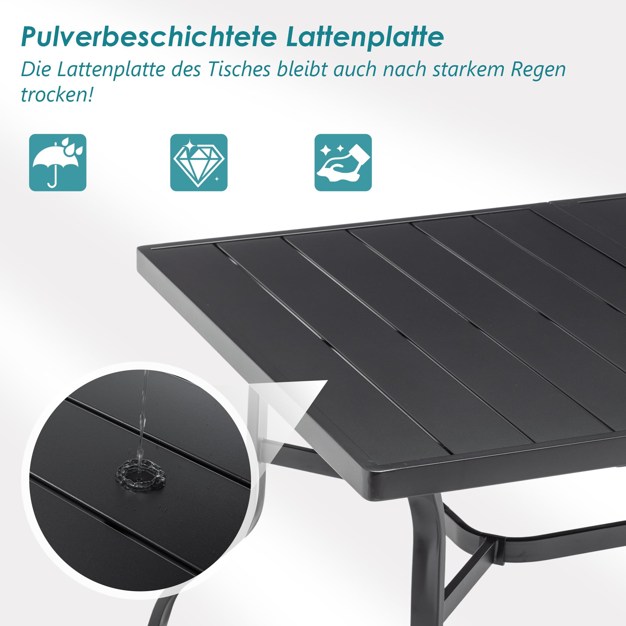 Thanaddo Gartentisch mit Schirmloch für 6 Personen, Wetterfest Terrassentisch aus Stahl, Draussen Metall Tisch Gartenmöbel 150x94 cm Gartentische Campingtisch für Garten Balkon Outdoor, Schwarz