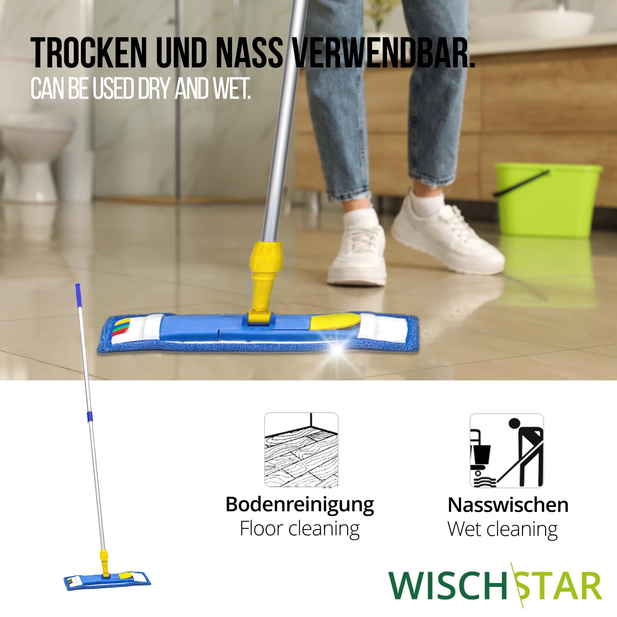 Wisch-Star Wischmopp-Set 50 cm mit verstellbarem Stil 70-140cm | Mit Teleskopstil, Microfaserbezug und Magnetklapphalter, Profi-Qualität für gründliche Reinigung, langlebig & robust
