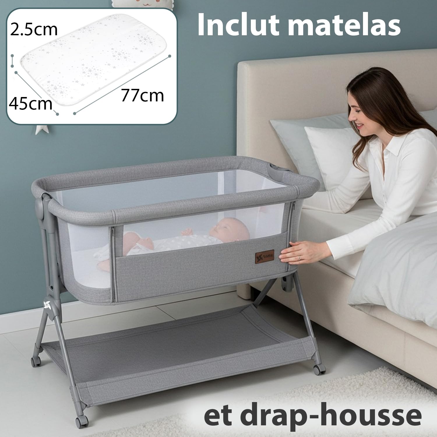 Berceau Cododo Comfortly avec roulettes Lit Parapluie Pliable Hauteur Réglable 5 Niveaux 9 kg Matelas Drap Sac Panier Couleur Bois
