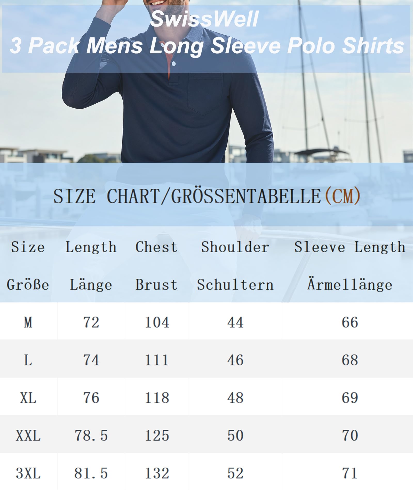 SwissWell 3er Pack Poloshirt Herren Langarm Atmungsaktiv Poloshirt Set Leicht Arbeitshemd Golf Polohemd Frühling Herbst Sport T Shirt mit Tasche