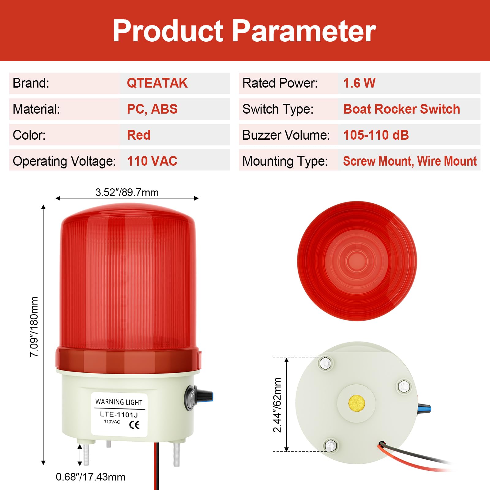 Luz LED de advertencia estroboscópica giratoria industrial, alarma de sonido y luz de 110 V CA con perilla e interruptor, volumen ajustable de 105-110 dB, luz roja de alarma de emergencia para uso en