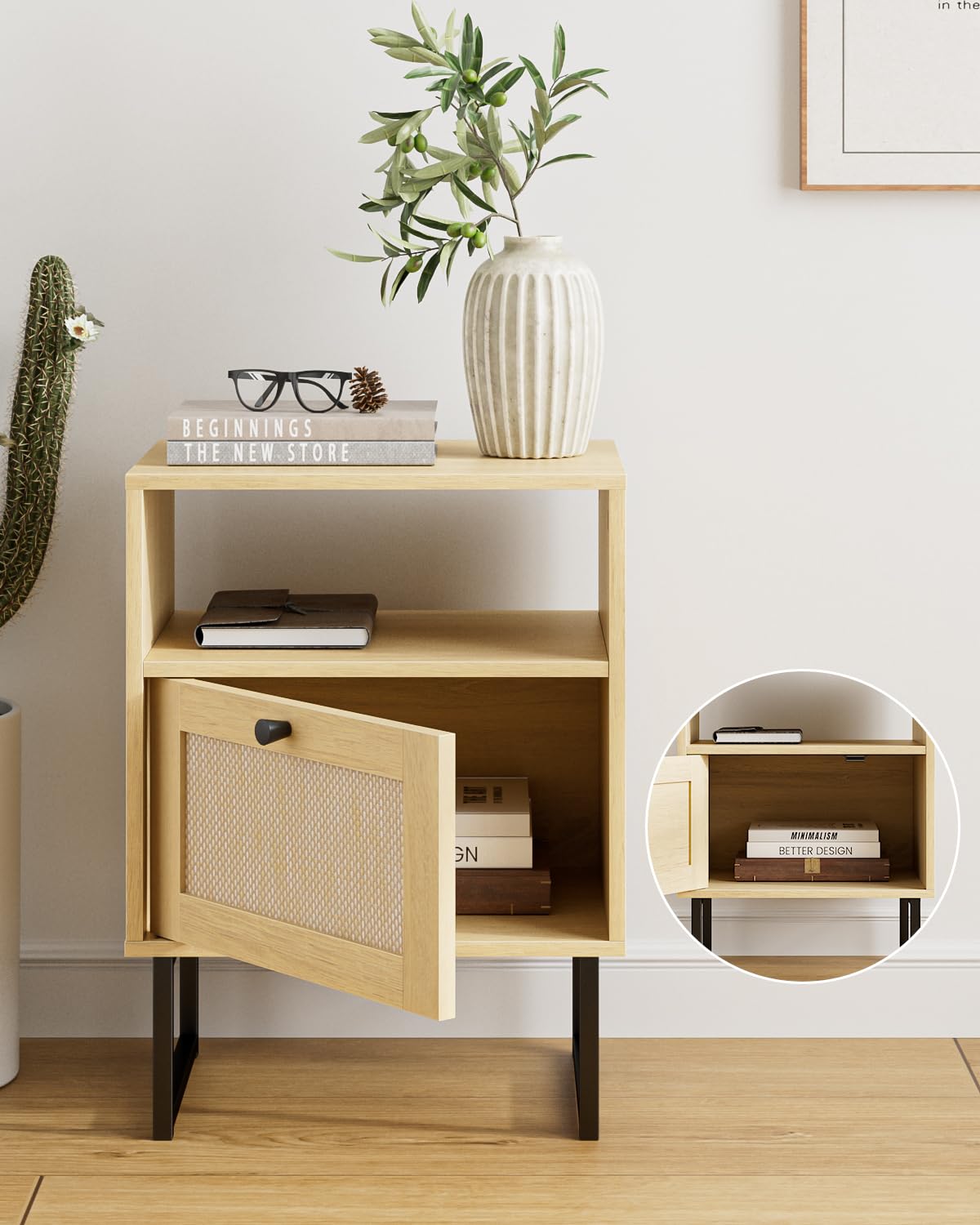 HEYZOEY Comodino boho piccolo in rattan, comodino in legno con cassetto e ripiano in rovere, tavolino per camera da letto, soggiorno, ufficio (rovere rattan)