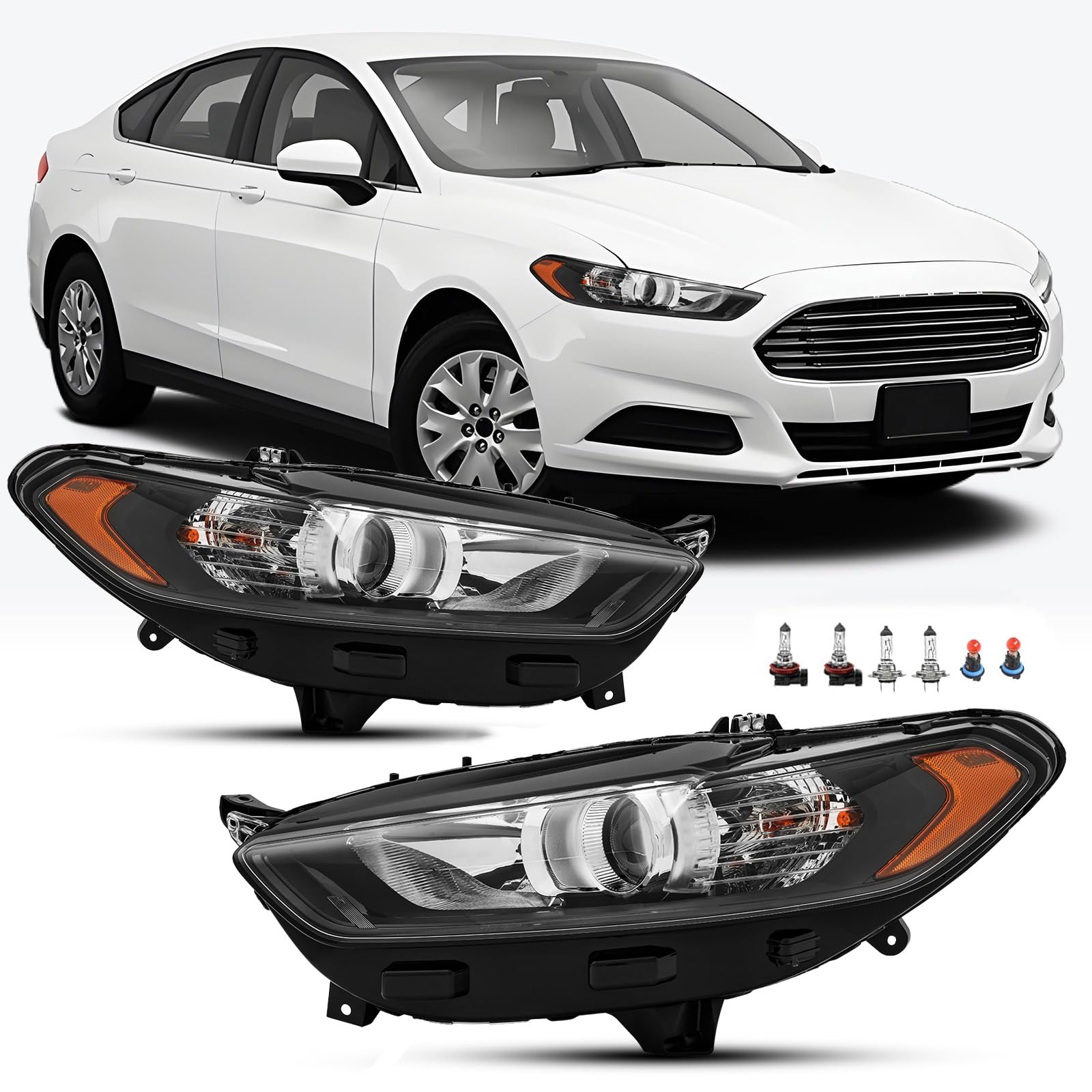 Headlights Assembly Compatible with 2013 2014 2015 2016 Ford Fusion Halogen Headlamp Include Bulb, Black Housing