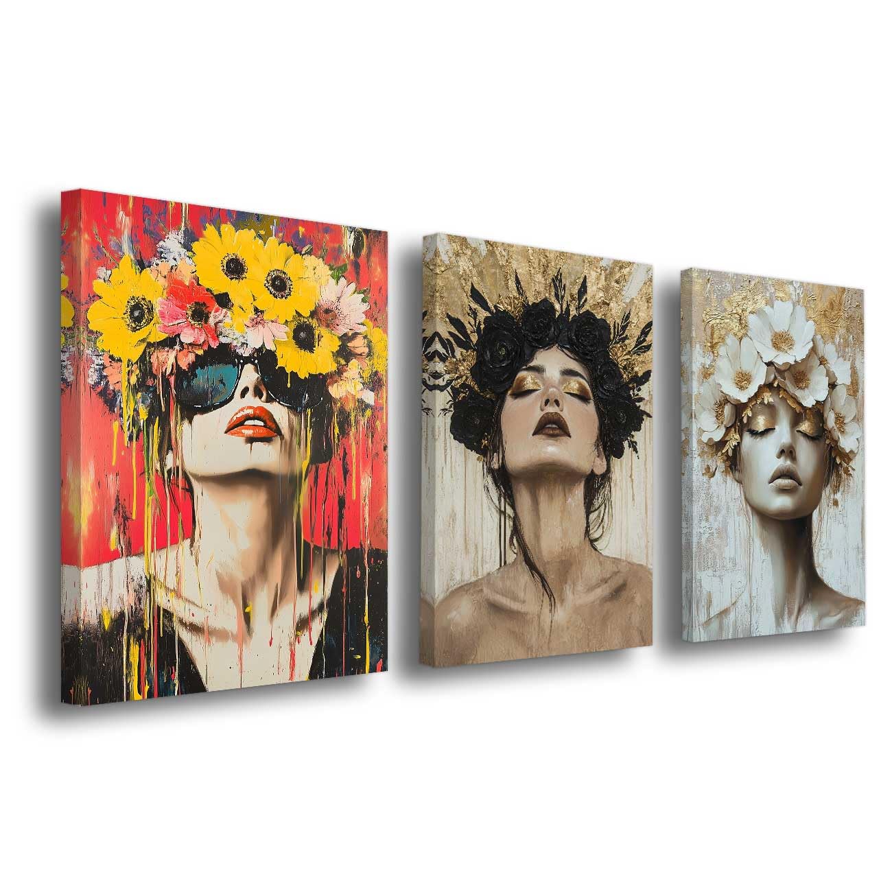 LMYSXAOZ 3Pcs White and Gold Flower Woman Canvas Wall Art Girl Portrait Picture Prints Abstract Floral Painting Modern Style For Living Room Bedroom Home Decor (Gold, 50x70cmx3 Pieces)