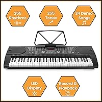Vista 2 de Teclado de piano electrónico de la marca Hamzer, modelo 61-Key, portátil, con atril, taburete, auriculares y micrófono