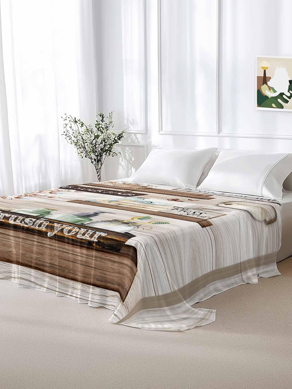 Top Sheet Full Bedding Flat Sheet Only, Rustic Flower Wood Butterfly Bottle Microfiber Bed Sheets Soft Breathable Bedding Flat Sheets, Bathroom Text Theme Hotel Luxury Top Sheets