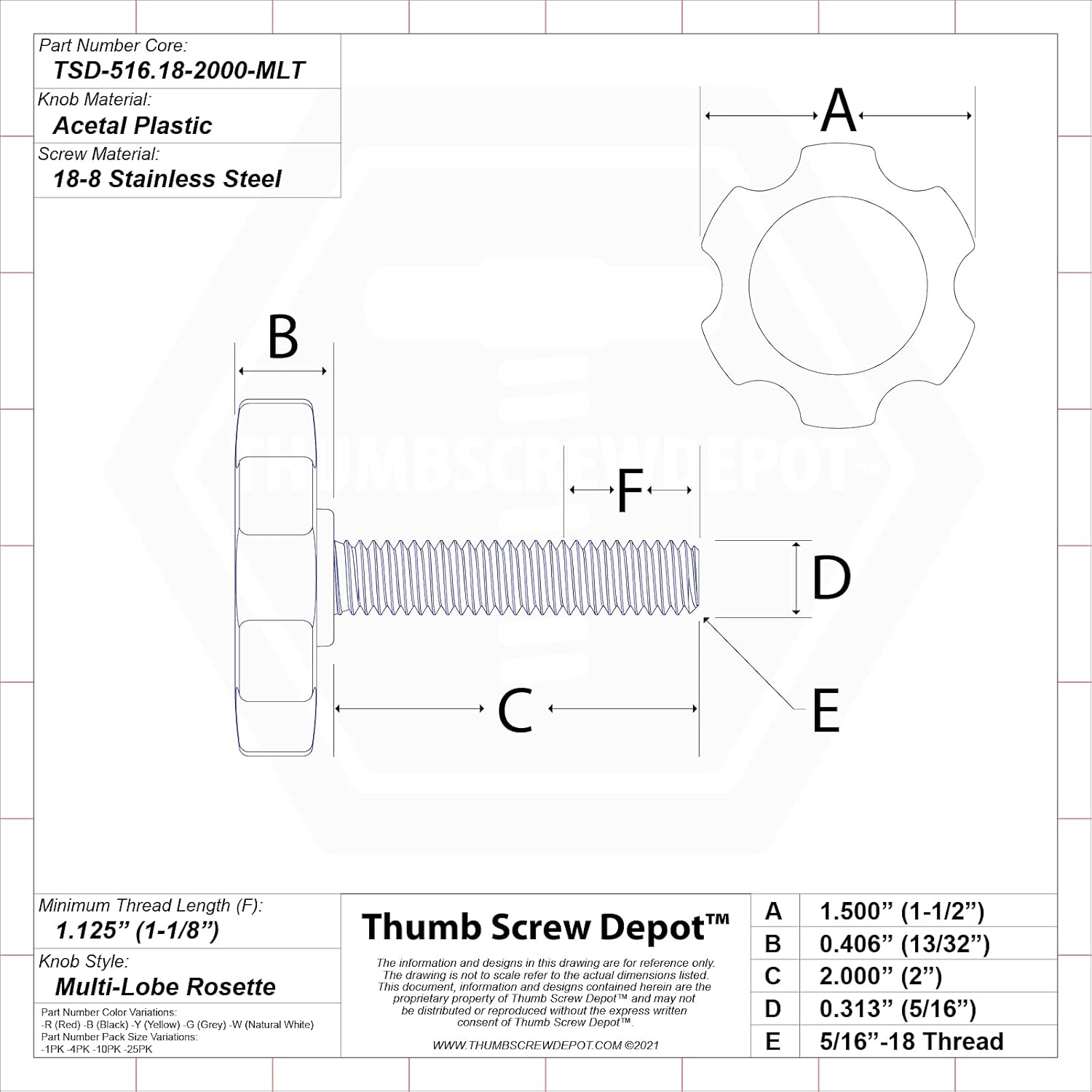 5/16"-18 x 2 Thumb Screw Stainless Steel - Red Multi-Lobe Rosette Plastic Knob - Standard/Coarse Thread Thumbscrew - Length: 2.000" - Proudly Built in USA - Package of (10)