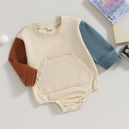 Miniatura 9 de Fsadfeas Mameluco de manga larga con bloques de color para bebé, niño, niña, con bolsillo, cuello redondo, sudadera básica para otoño e invierno