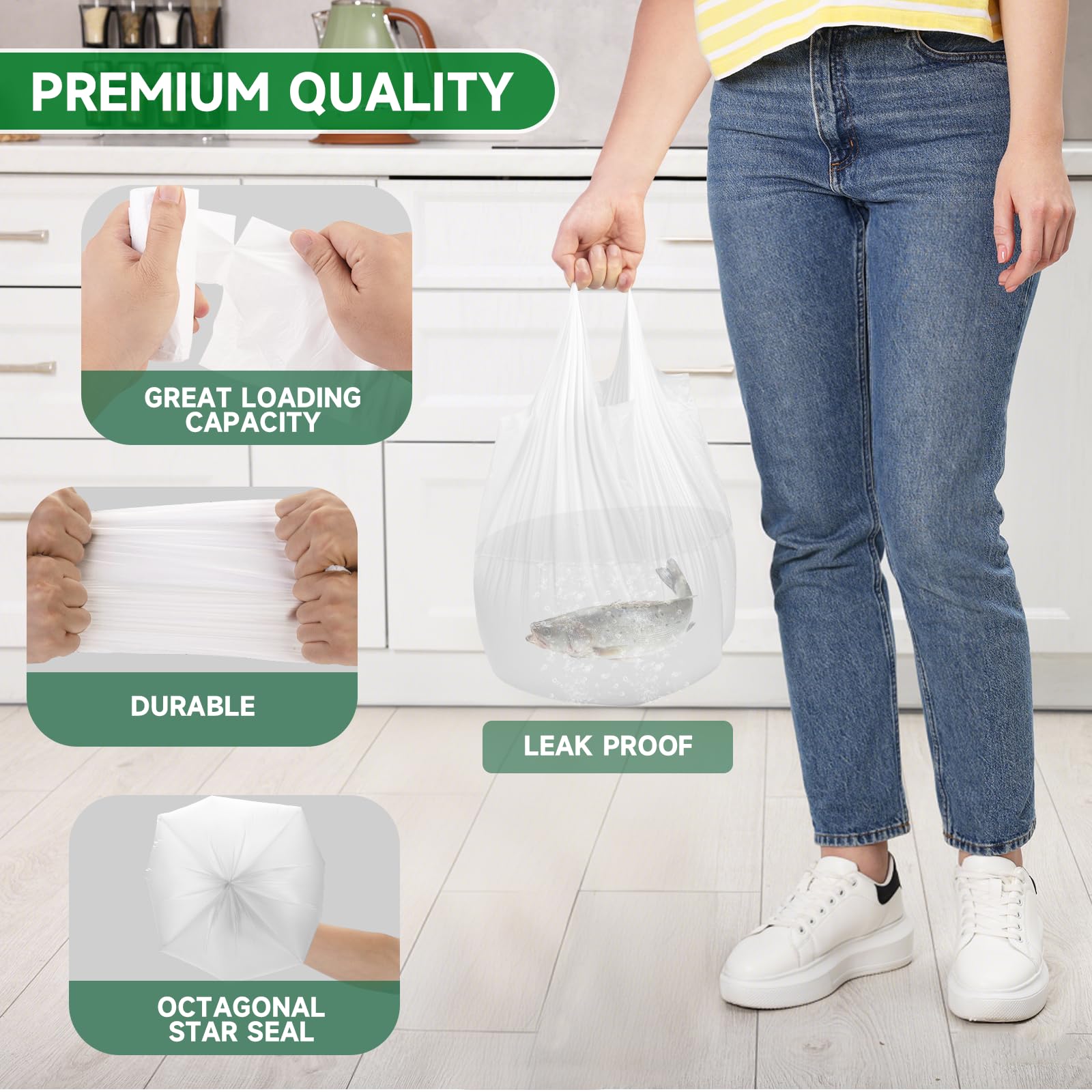 Mini bolsas de basura de 1.6 galones para baño, con asas, pequeñas bolsas de basura blancas (ajuste de 1.3 a 1.5 galones), 100 unidades de 6 litros, biodegradables, compost, bolsas de basura sin