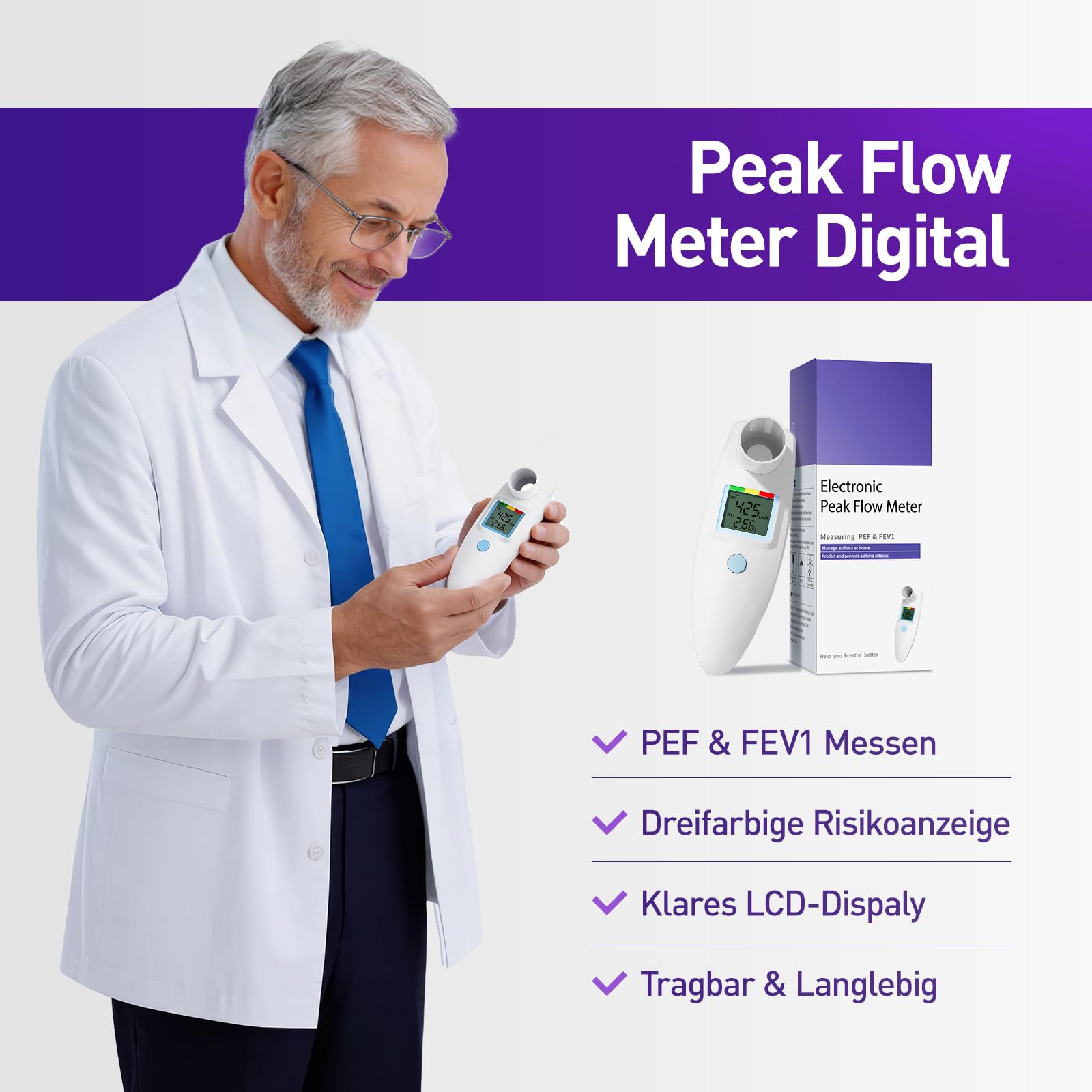 Peak Flow Meter, Kein Bluetooth, für Asthma COPD, PEF & FEV1, Risikoanzeige | LCD-Display, zur Überwachung der Lungenfunktion, Papier Tagebuch Formular, AAA-Batterien betriebe, Digitales Spirometer