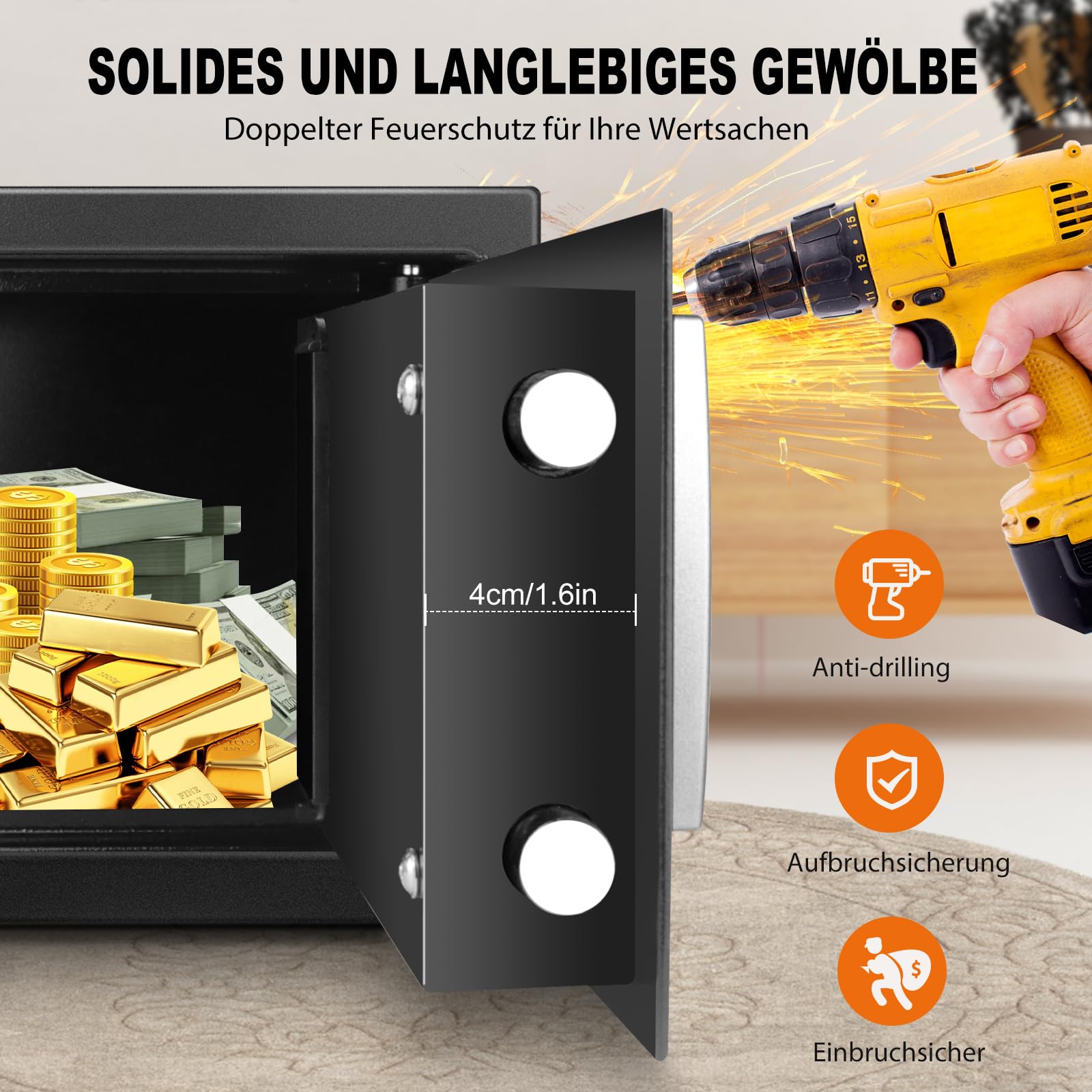 Tresor feuerfest wasserdicht, wasserdichter und feuerfester Safe, 8,5 l Mini-Digital-Safe für Geld, Wand- oder Schrankverankerung, für Büros, Hotels, Zuhause, 31 B x 20 T x 20 H cm, Schwarz