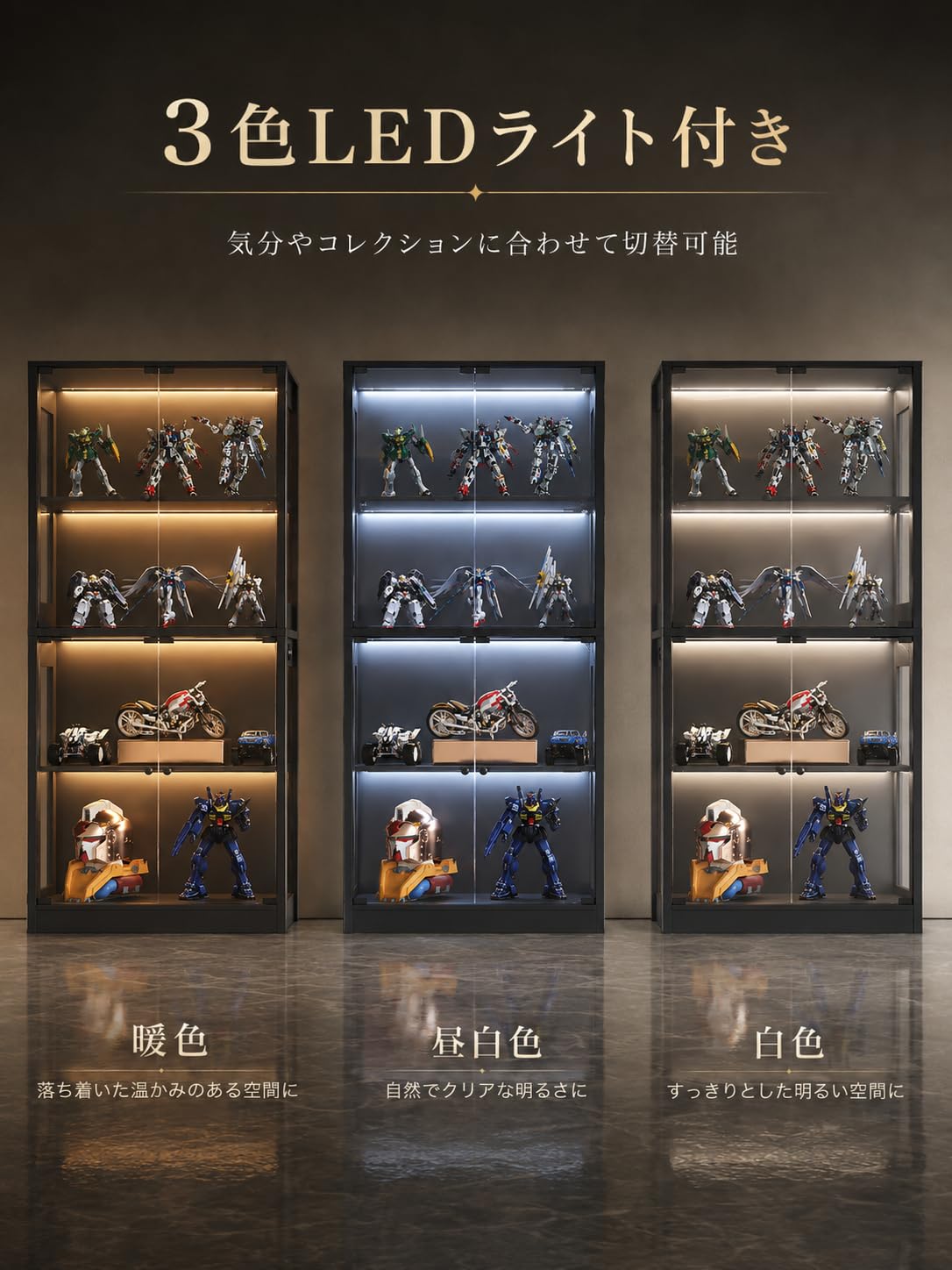 完成品　FUFUGAGA コレクションケース LEDライト付き　人感センサー Amazon.co.jp: FUFU&GAGA フィギュアケース 4段 人感センサー 3色切替