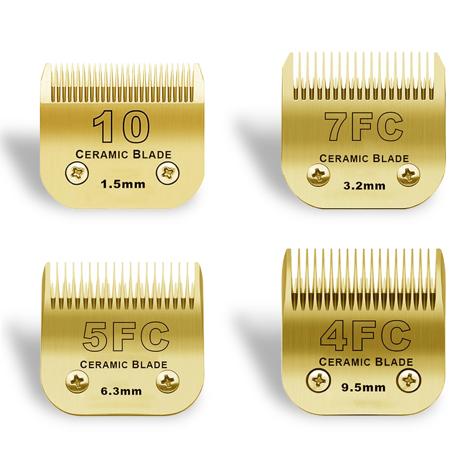 BESTBOMG 10+7FC+5FC+4FC - Lama di Ricambio per toelettatura di Cani, Compatibile con Le Serie Heiniger/Moser Max45/Andis A5, Tosaerba per Cani, Taglia Lunghezza 1,5 mm-9,5 mm, Oro