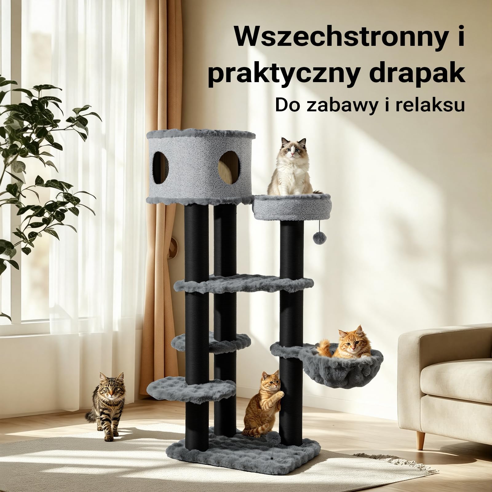 Fudajo Empire Tower 190 cm drapak XXL, drzewko dla kota z domkiem, wiszącym leżakiem, legowiskiem i słupkami do drapania z papierowej liny