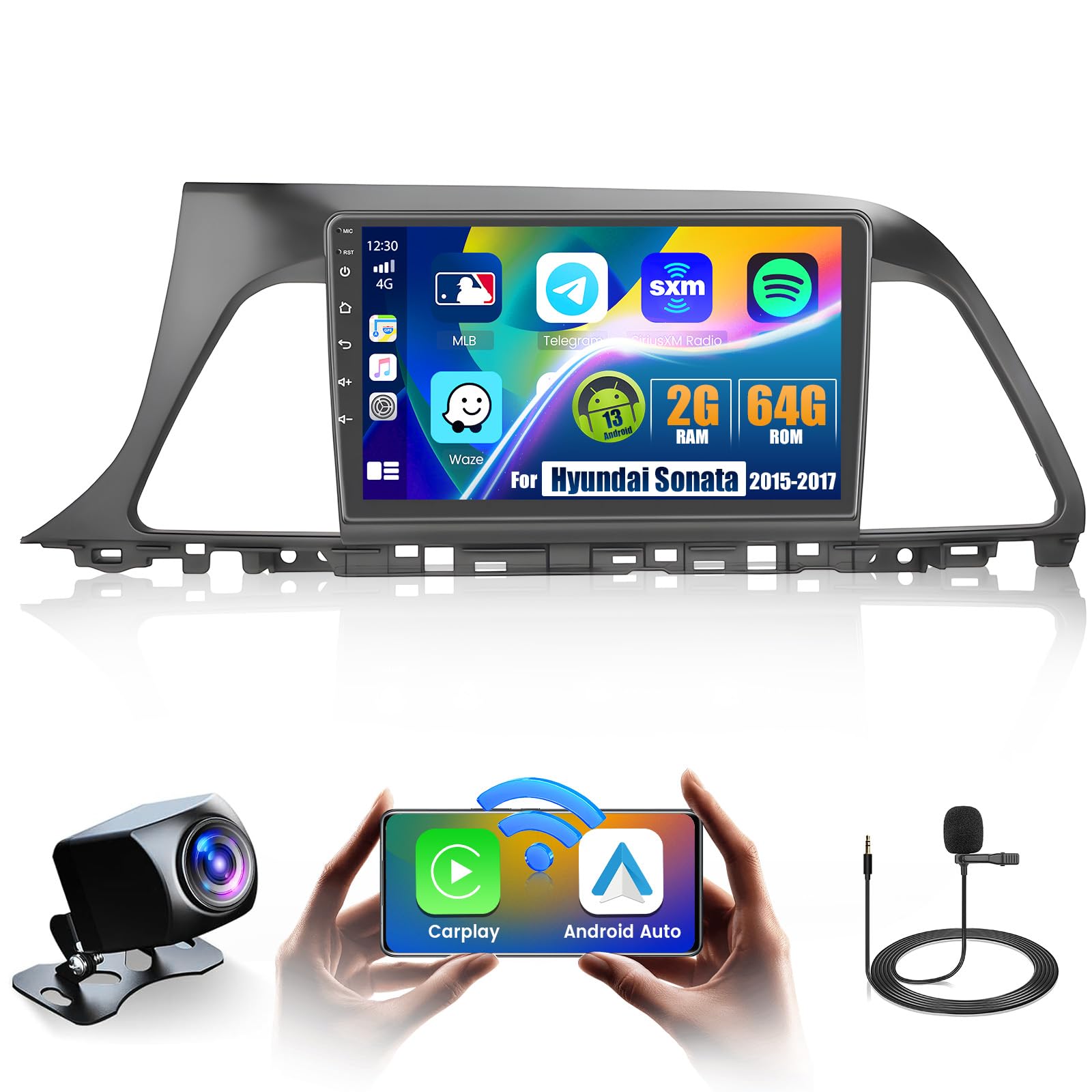 Fuluku 2+64G for Hyundai Sonata 2015-2017 Android 13 Car Stereo with Wireless Carplay Android Auto Mirror Link, 9’Touchscreen Radio WiFi/GPS/FM/RDS/Bluetooth/SWC/Waterproof Night Backup Cam Mic