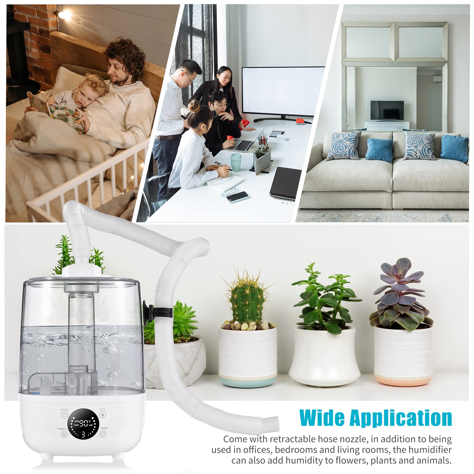 Umidificatori d'aria 4L per camera da letto Umidificatori d'aria ad ultrasuoni Diffusore di aromi Pulsanti di controllo touch con display LCD Telecomando Ugello tubo extra lungo Minuteri