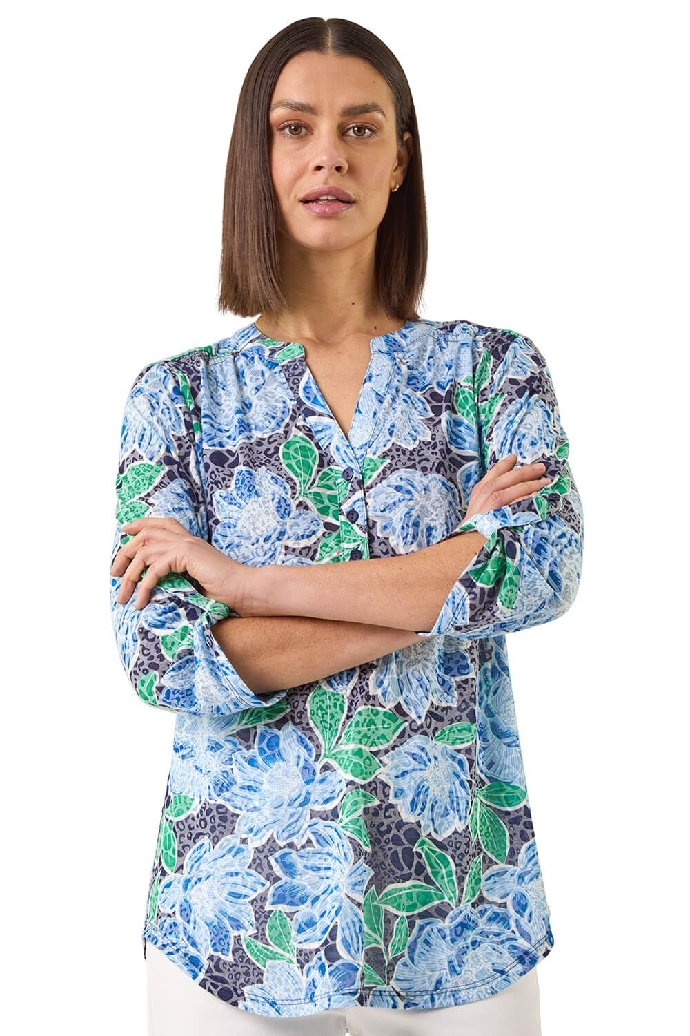 Roman Originals Women's Floral Blue Roman Shirt For Uk Top Collarless Blouse Stretchy Tunic Smart Casual Autumn Winter Jersey 3/4 Length Sleeve Notch V Neck Flattering Office Work