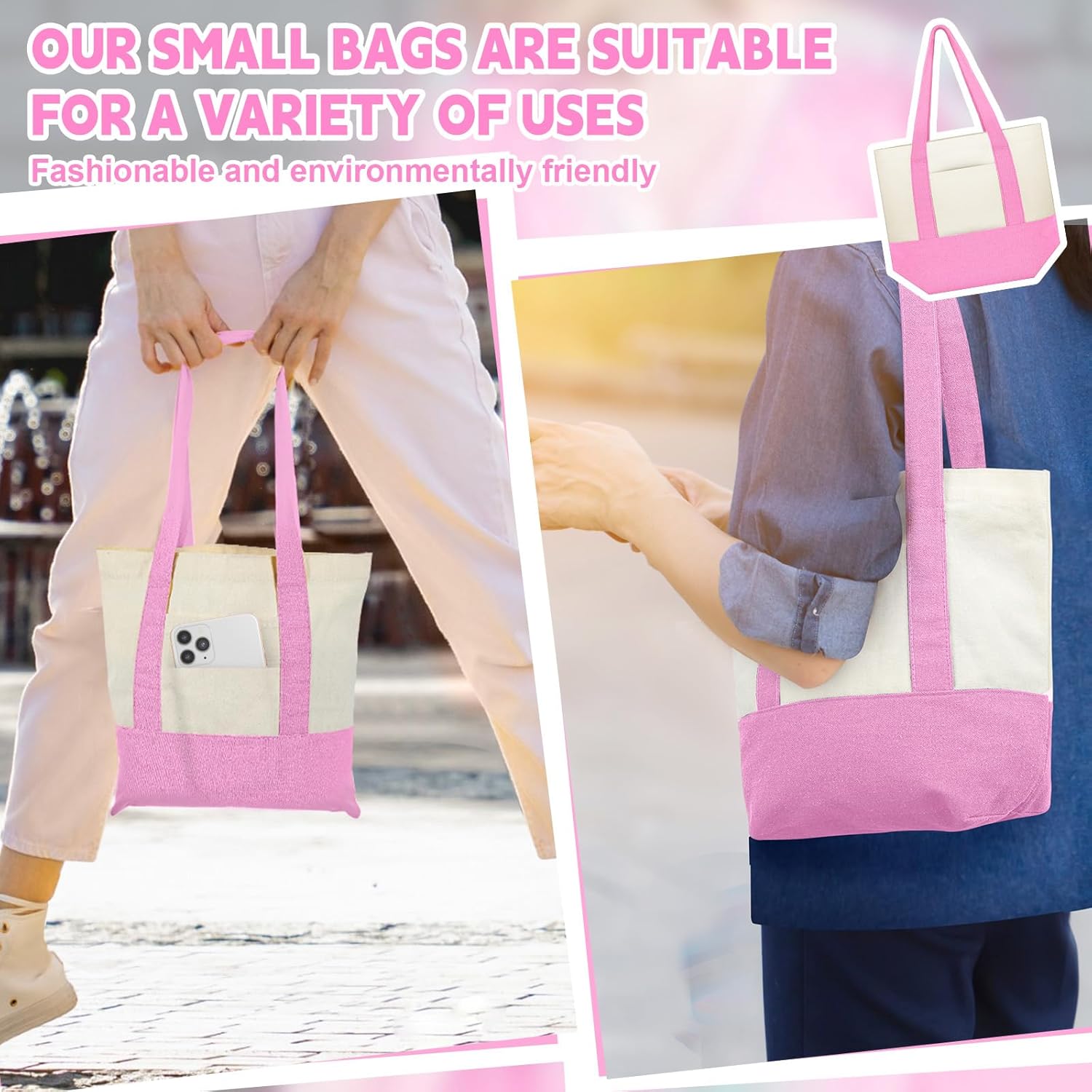 Amylove Mini Canvas Tote Bag with Pockets Duty Canvas Sublimation Blank Small Bag Mini Reusable Tote for Crafts DIY - Image 5