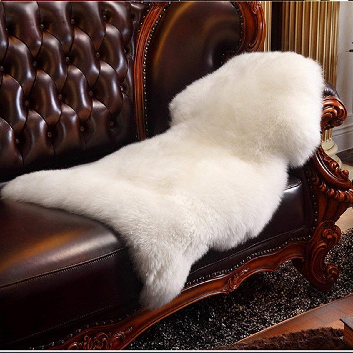 Faux Peau de Mouton en Laine Tapis (60 x 100 cm) Imitation Toison Moquette Fluffy Soft Longhair Décoratif Coussin de Chaise Canapé Natte Cozy Sensation comme véritable Laine(Blanc)