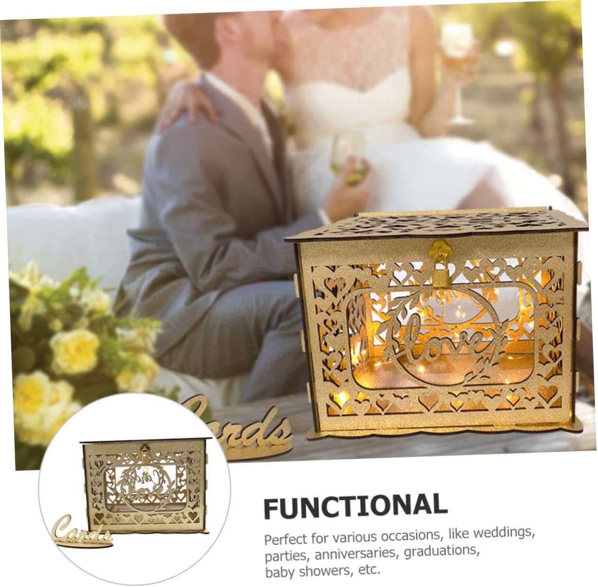 VICASKY Wooden Hollow Card Box with Glitter Finish Wedding and Anniversary Card Holder for Party and Event Use