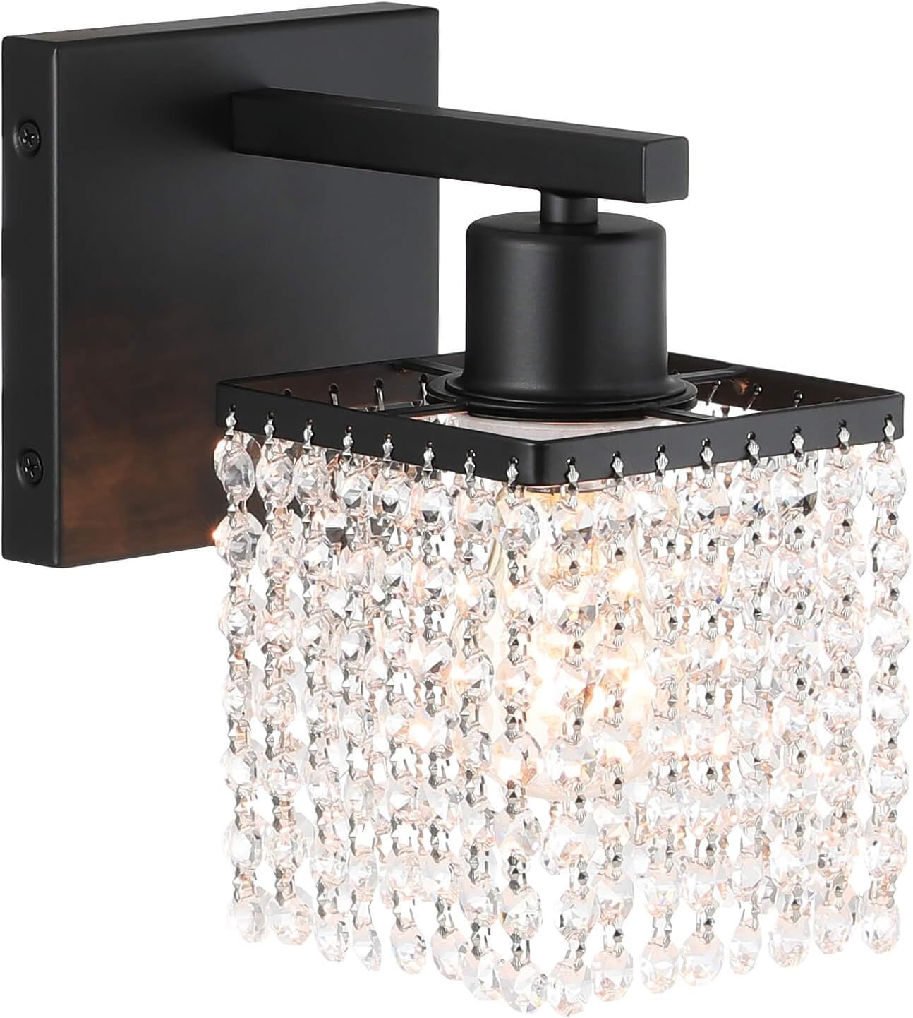 XiNBEi Lighting Crystal Wall Sconce, Modern Bathroom Sconce Light with K9 Clear Crystal Strands Shade Single Black Sconces Wall Lighting for Bath Bedroom Living Room XB-W327-1-MB