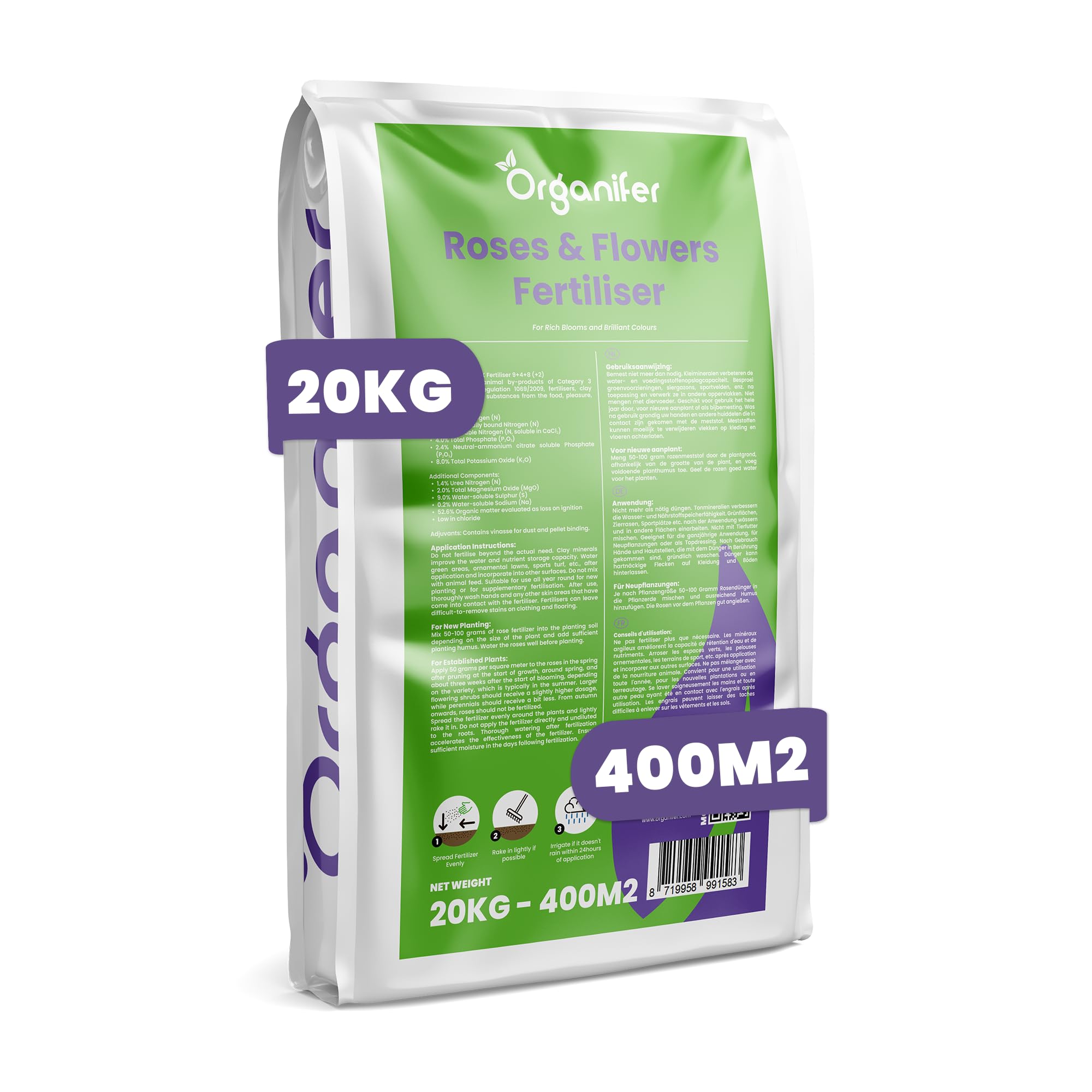 Nawóz Do Róż I Kwiatów - 20kg = 400m2 | All-in-One - Do Bylin I Roślin Kwitnących - Długotrwały Składniki Odżywcze - Intensywne Kolory - Organifer