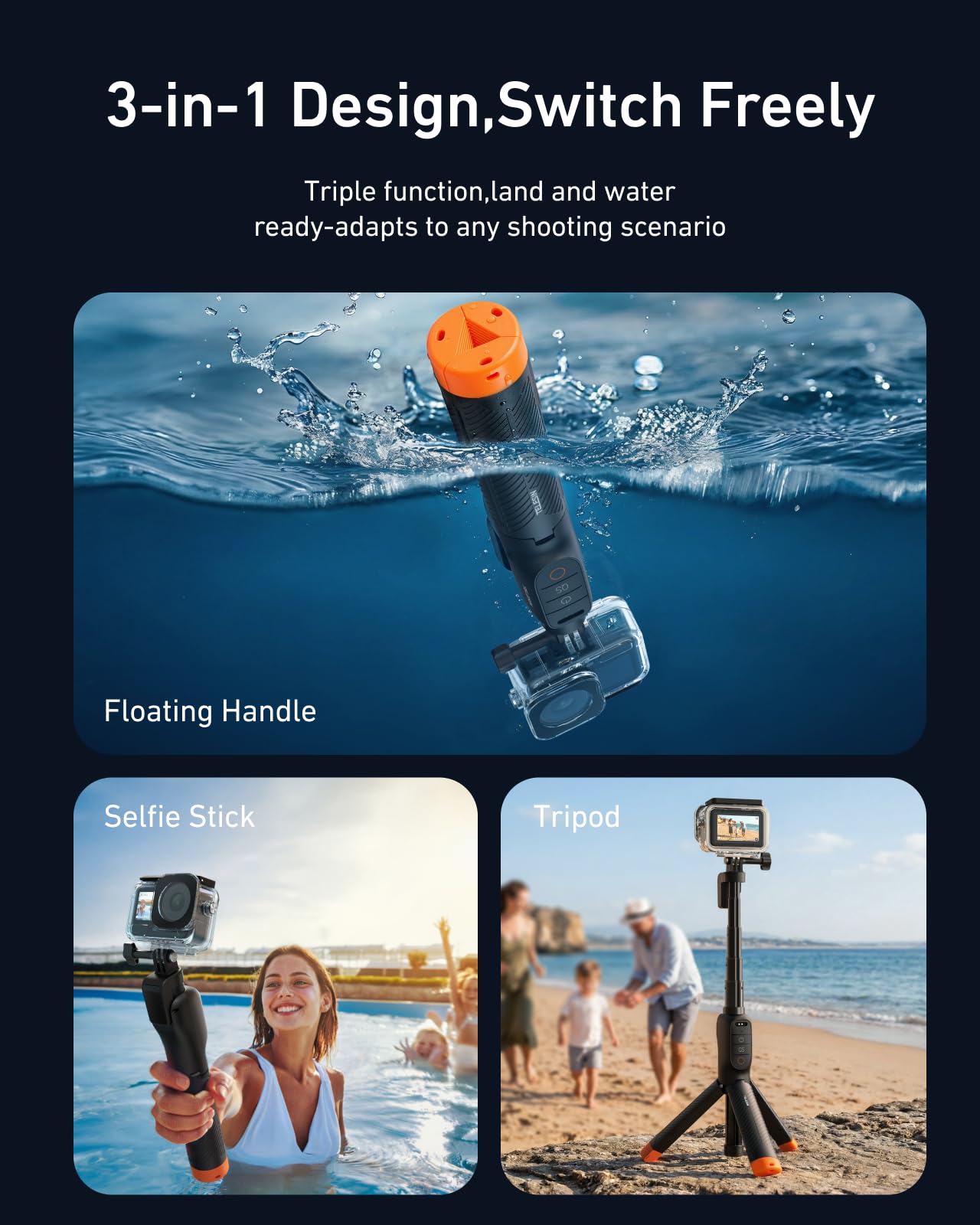 TELESIN Bastón Selfie Flotante con Bluetooth para dji Osmo Action 6 5 Pro 4, 3 en 1 con empuñadura y Amplificador de señal, bastón de Buceo de 15m para Surf y Snorkel